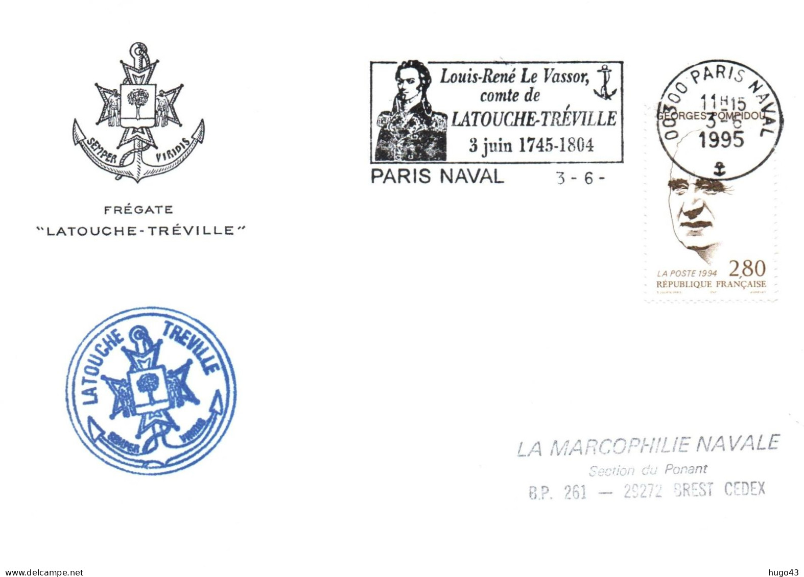 ENVELOPPE AVEC CACHET FREGATE LATOUCHE TREVILLE - FLAMME PARIS NAVAL LATOUCHE TREVILLE LE 3/6/1995 - Poste Navale