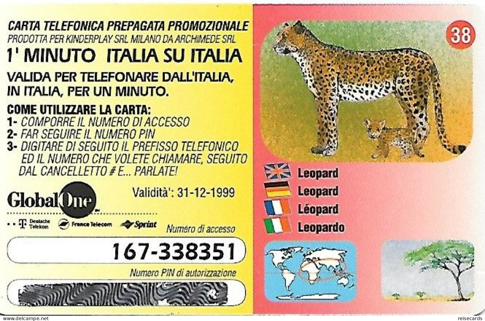 Italy: Prepaid GlobalOne - Save The Planet 38, Leopard - GSM-Kaarten, Aanvulling & Voorafbetaald