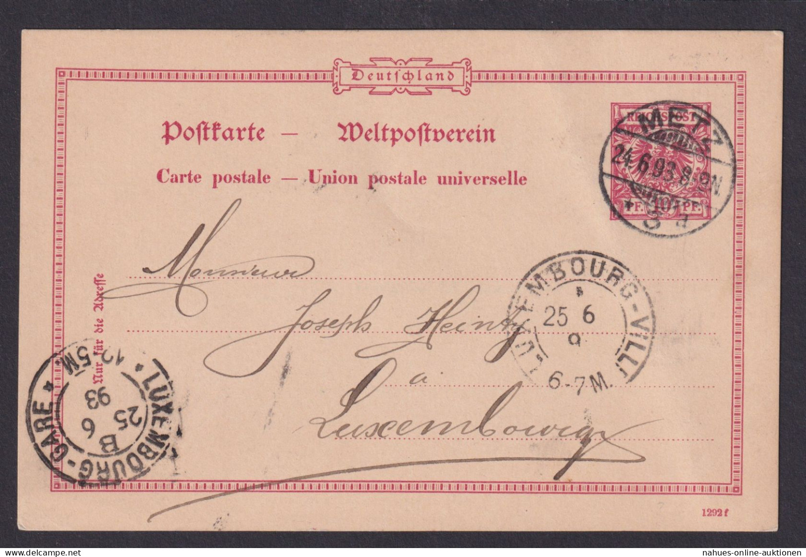 Deutsches Reich Ganzsache Metz Frankreich Gare Luxemburg - Storia Postale