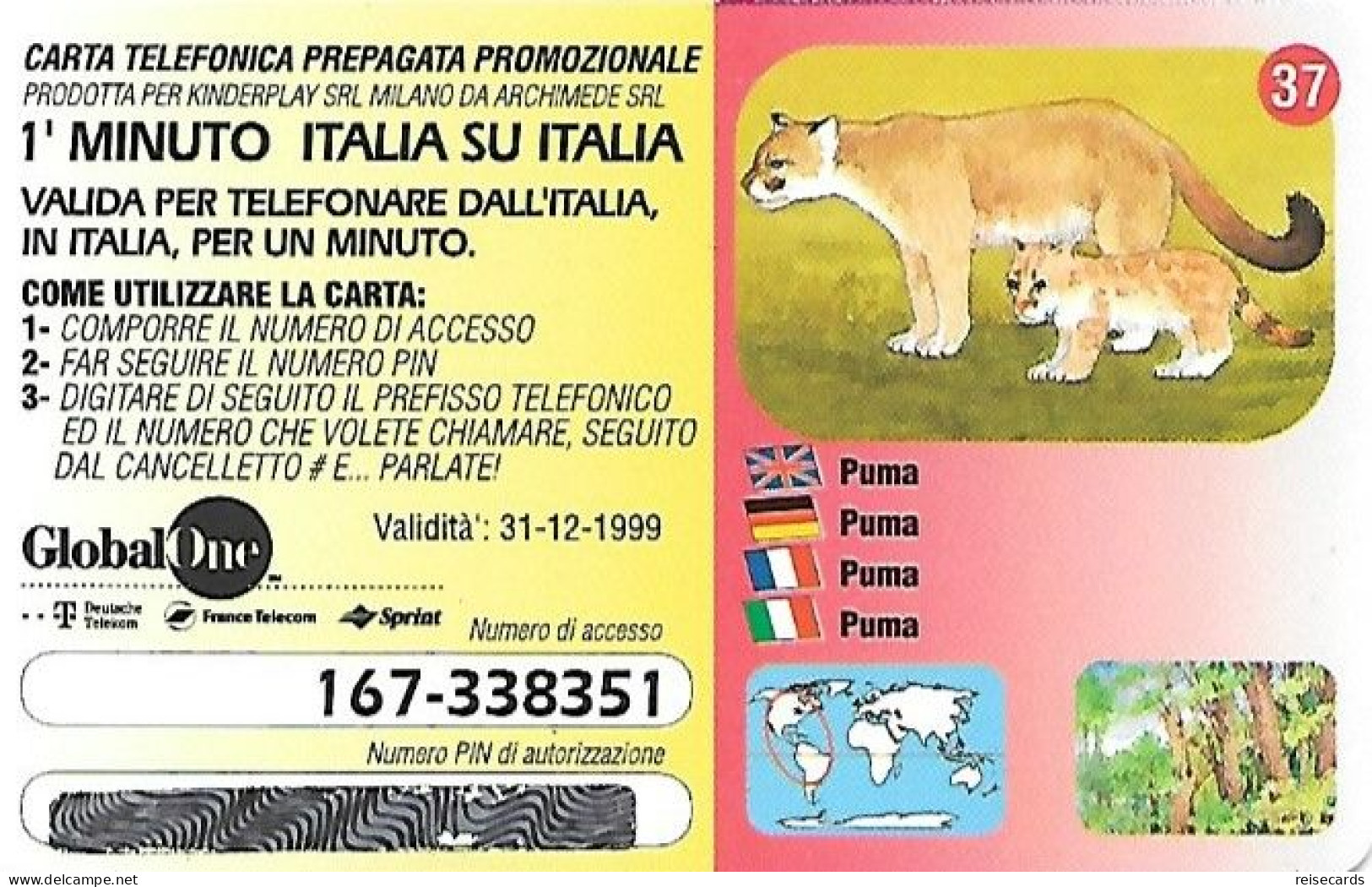 Italy: Prepaid GlobalOne - Save The Planet 37, Puma - GSM-Kaarten, Aanvulling & Voorafbetaald