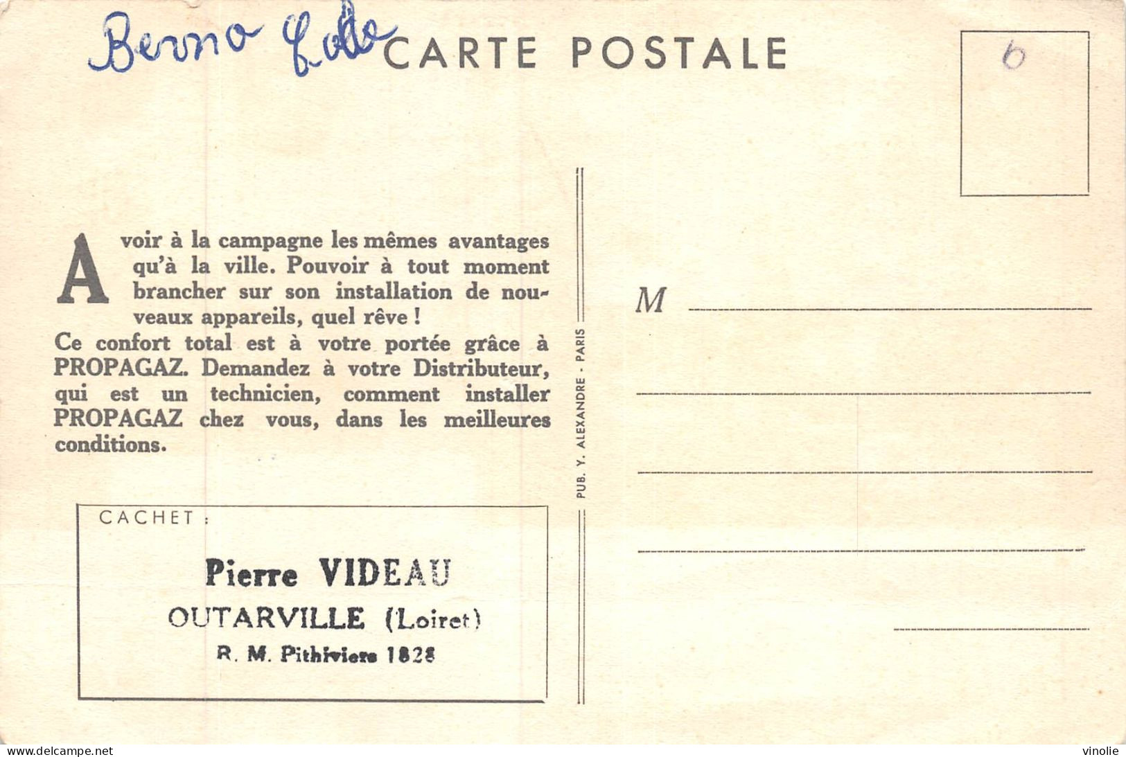 MO-24-357 : OUTARVILLE. PIERRE VIDEAU  CARTON PUBLICITAIRE  POUR LES INSTALLATIONS  PROPAGAZ - Autres & Non Classés