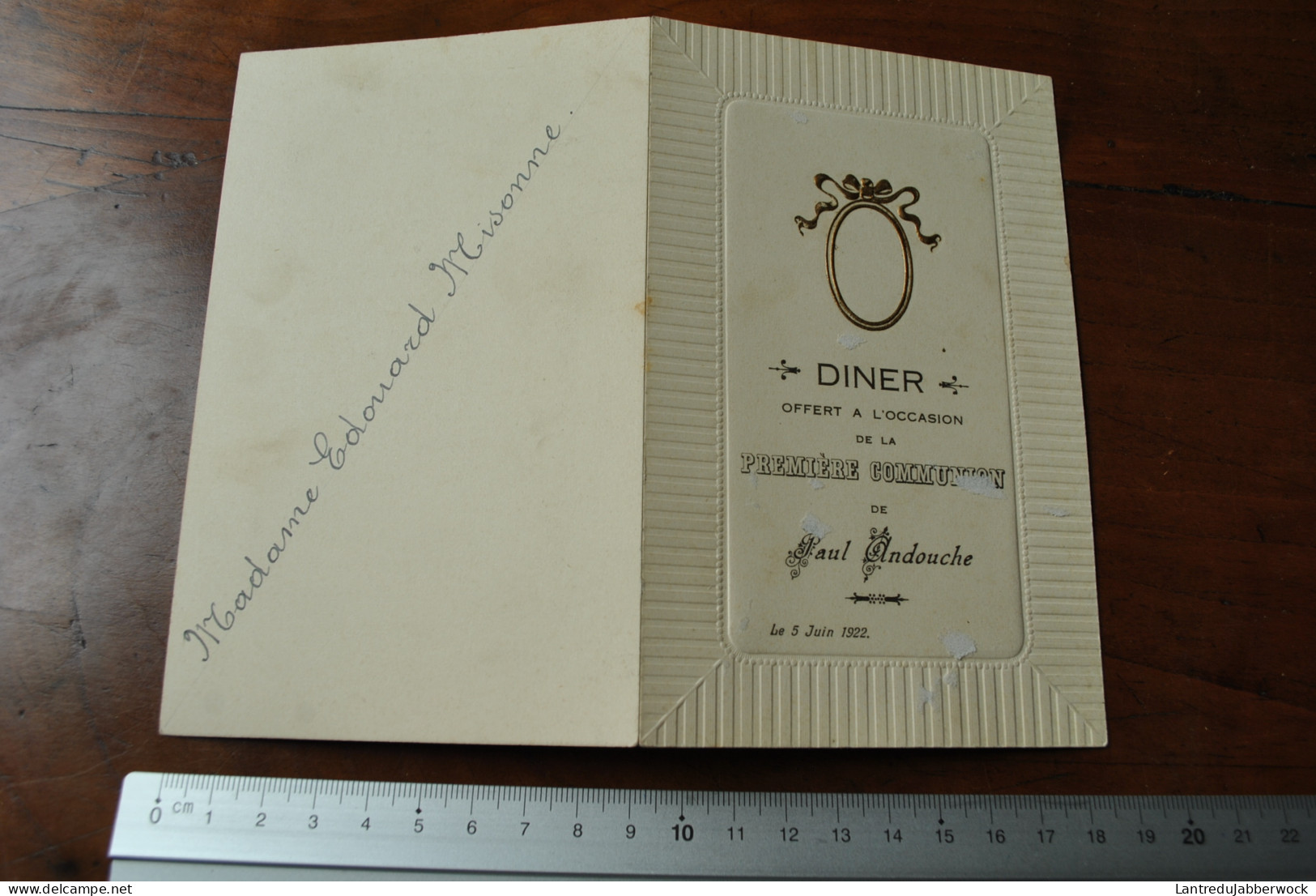 Ancien Menu Livret Décor Doré 5 Juin 1922 Diner Première Communion Paul Andouche - Madame Edouard Misonne Imp. Guilbert - Menus