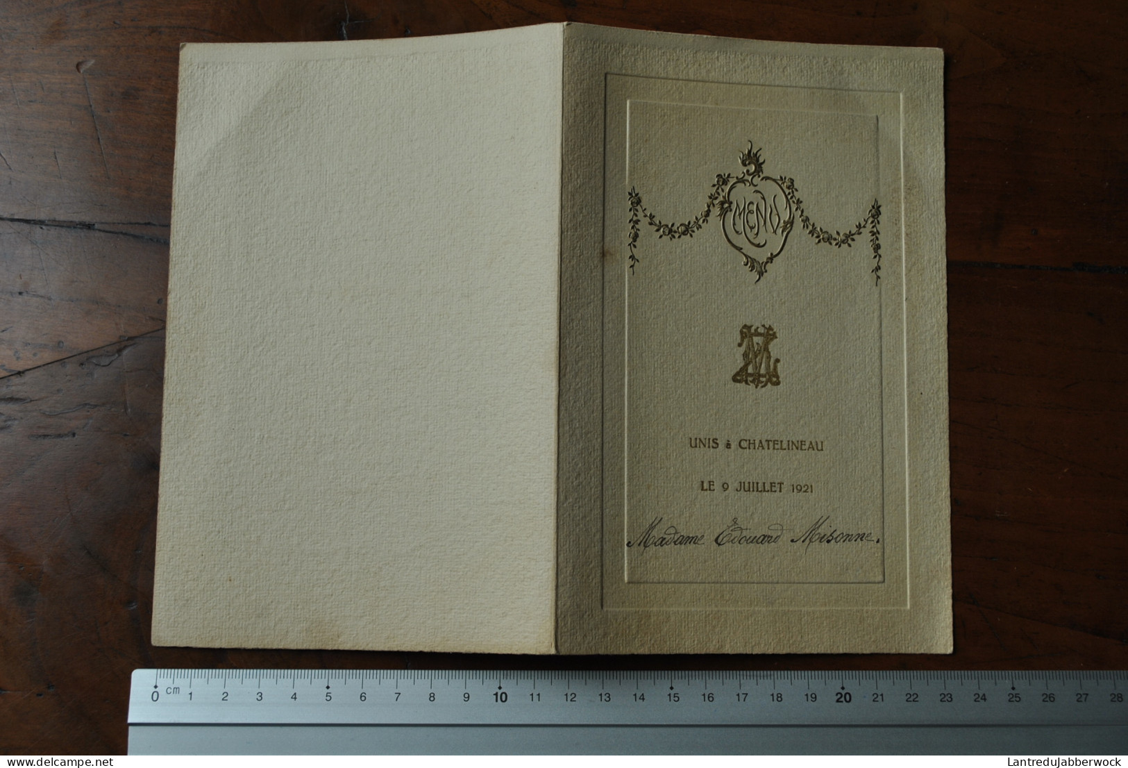 Ancien Menu Livret Lettrage Doré Gaufré 9 Juillet 1921 Diner De Noce Châtelineau - Madame Edouard Misonne Dyptique - Menú