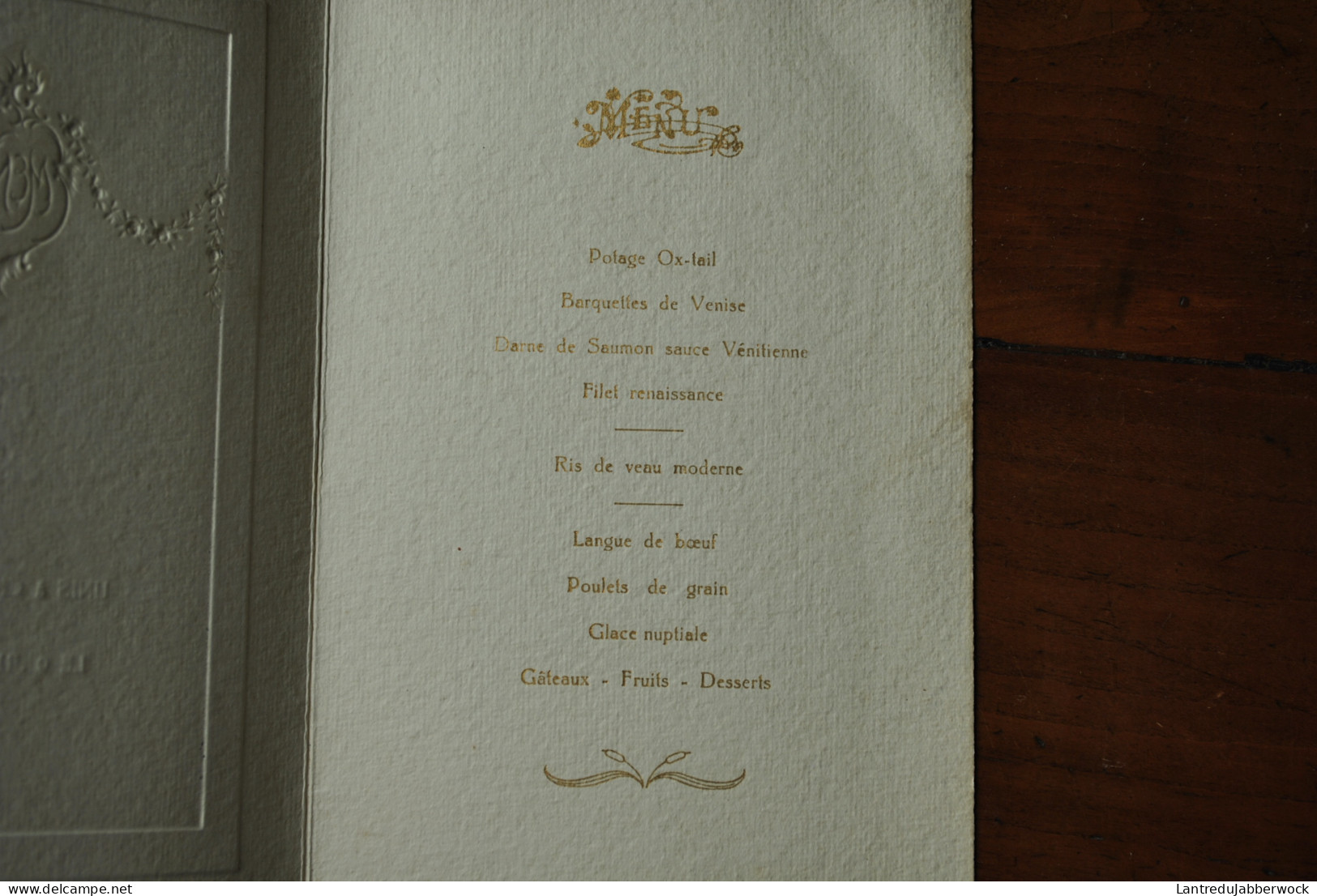 Ancien Menu Livret Lettrage Doré Gaufré 9 Juillet 1921 Diner De Noce Châtelineau - Madame Edouard Misonne Dyptique - Menus