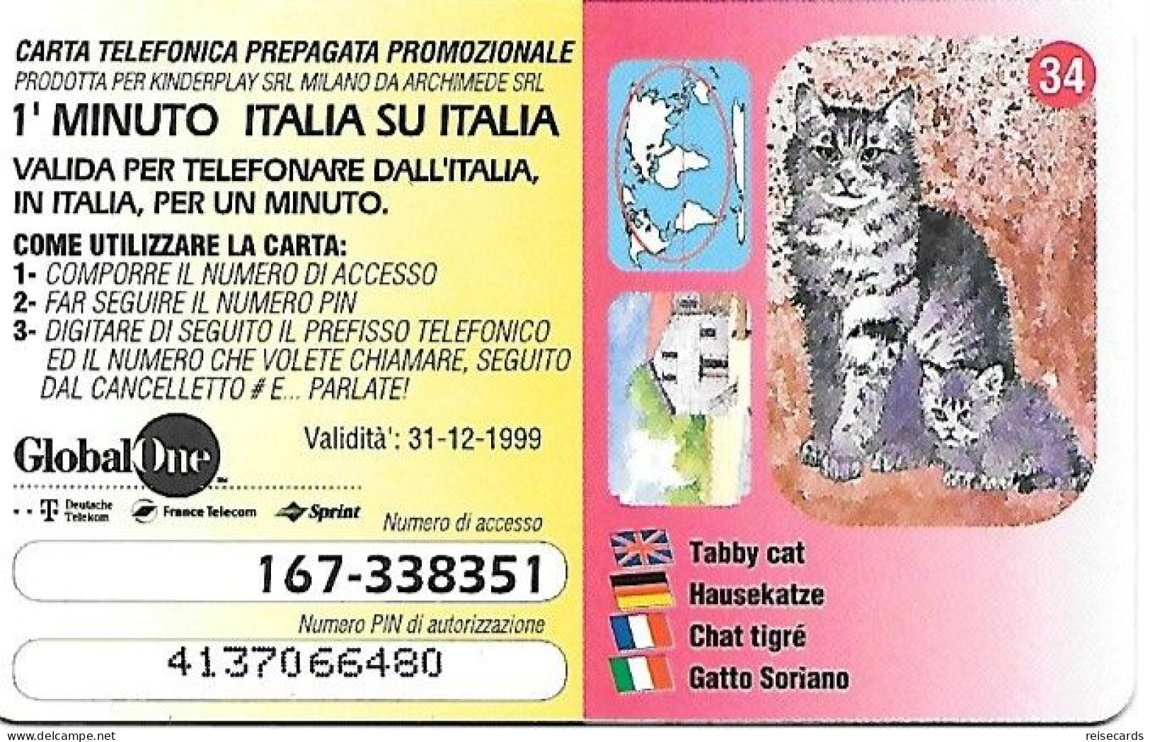 Italy: Prepaid GlobalOne - Save The Planet 34, Hauskatze - [2] Handy-, Prepaid- Und Aufladkarten