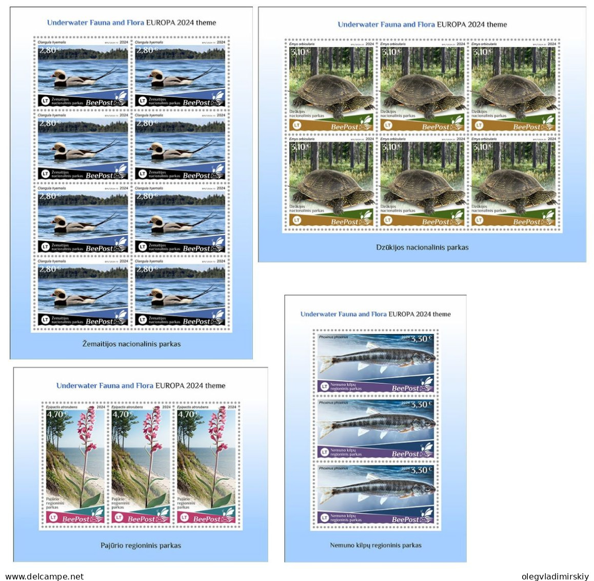 Lithuania Litauen Lituanie 2024 Water Flora Fauna Bird Turtle Fish Orchid Nat Parks Europa BeePost Set 4 Sheetlets MNH - Lithuania