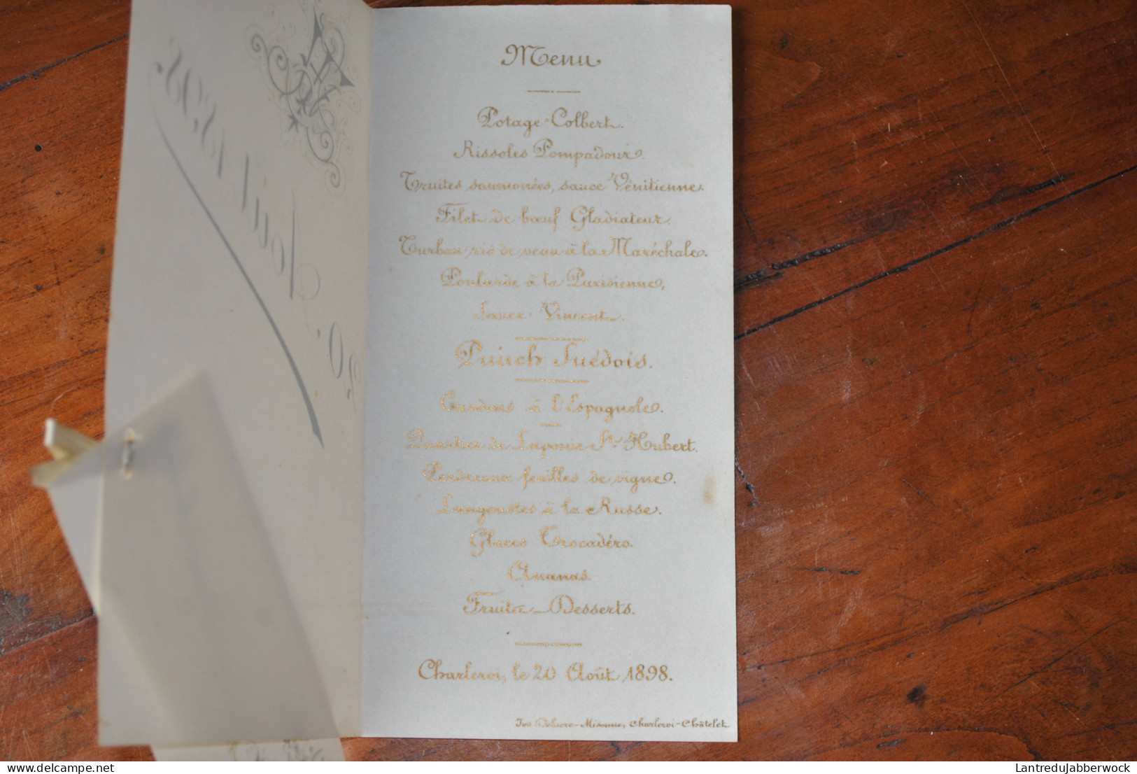 Ancien Menu Livret Dyptique Décor Doré Ruban Tissu 20 Août 1898 Monsieur Edouard Misonne Jos Delacre Charleroi Châtelet - Menus