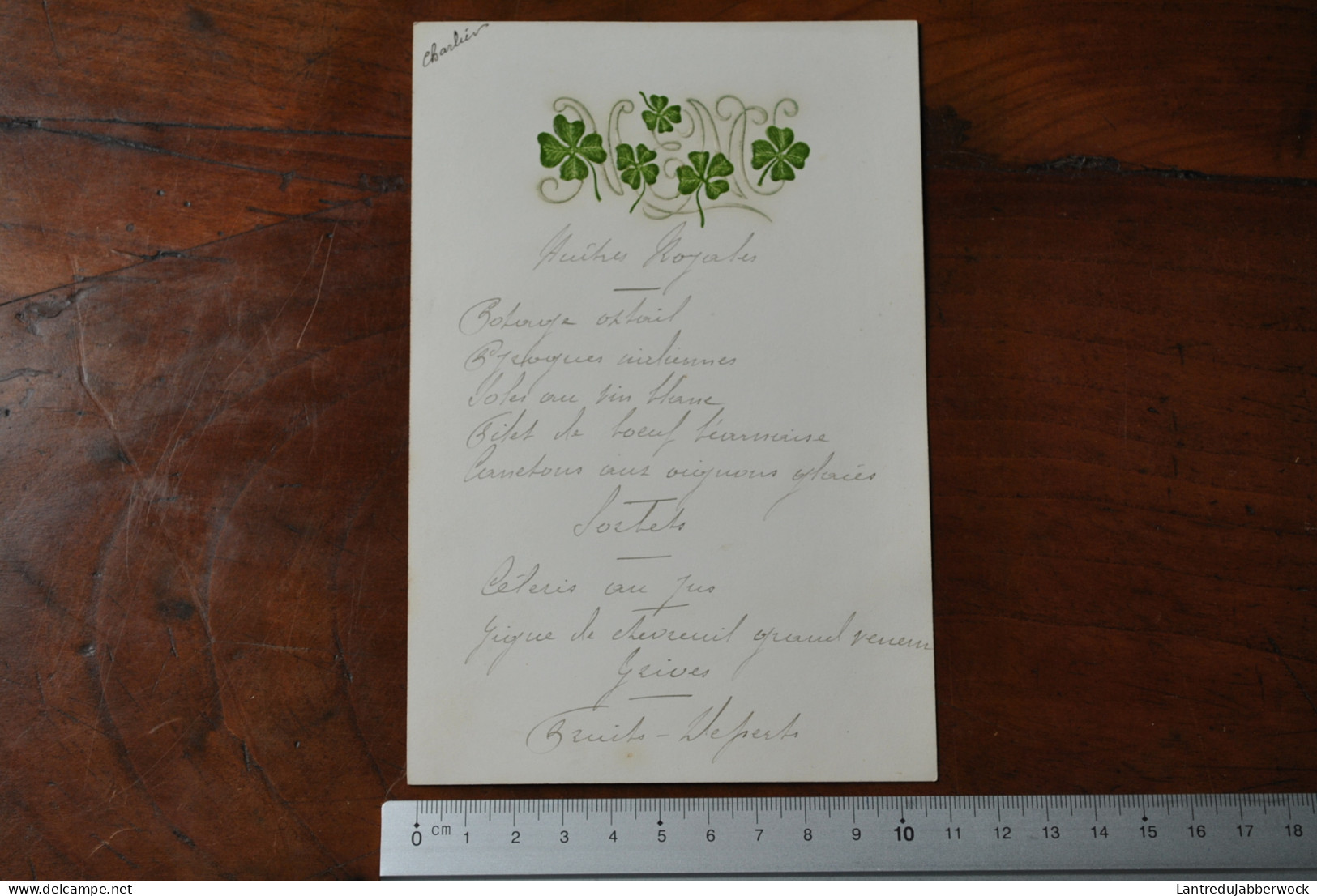 Menu Motif Gaufré De Trèfles à Quatre Feuilles Lettrage Art Nouveau Vert Circa 1900 Misonne Harzée Charlier - Menú