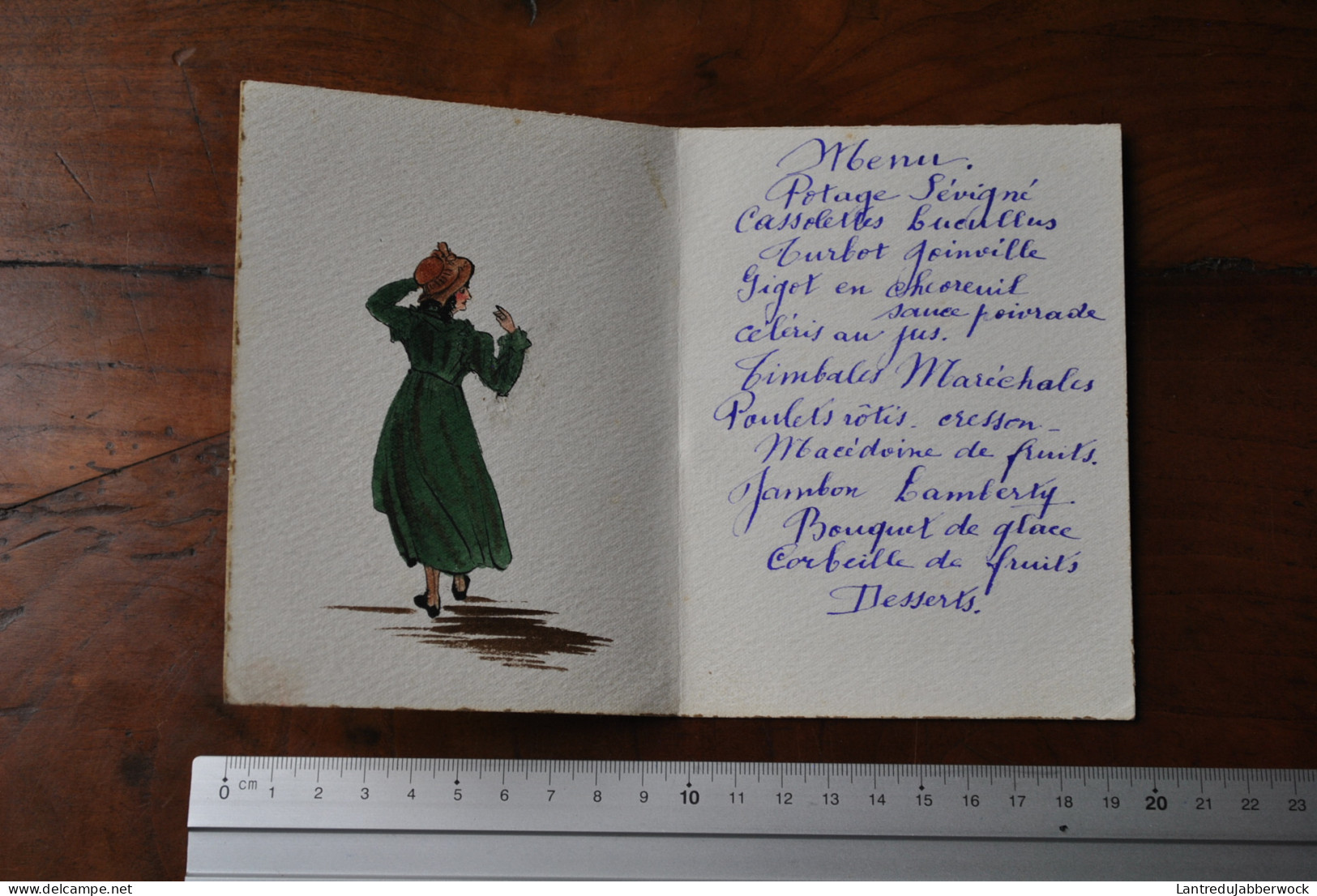 Ancien Menu Livret Dyptique Décor Peint à La Main Femme En Robe Verte Mariage 1er Mmars 1920 - Monsieur Edouard Misonne - Menú