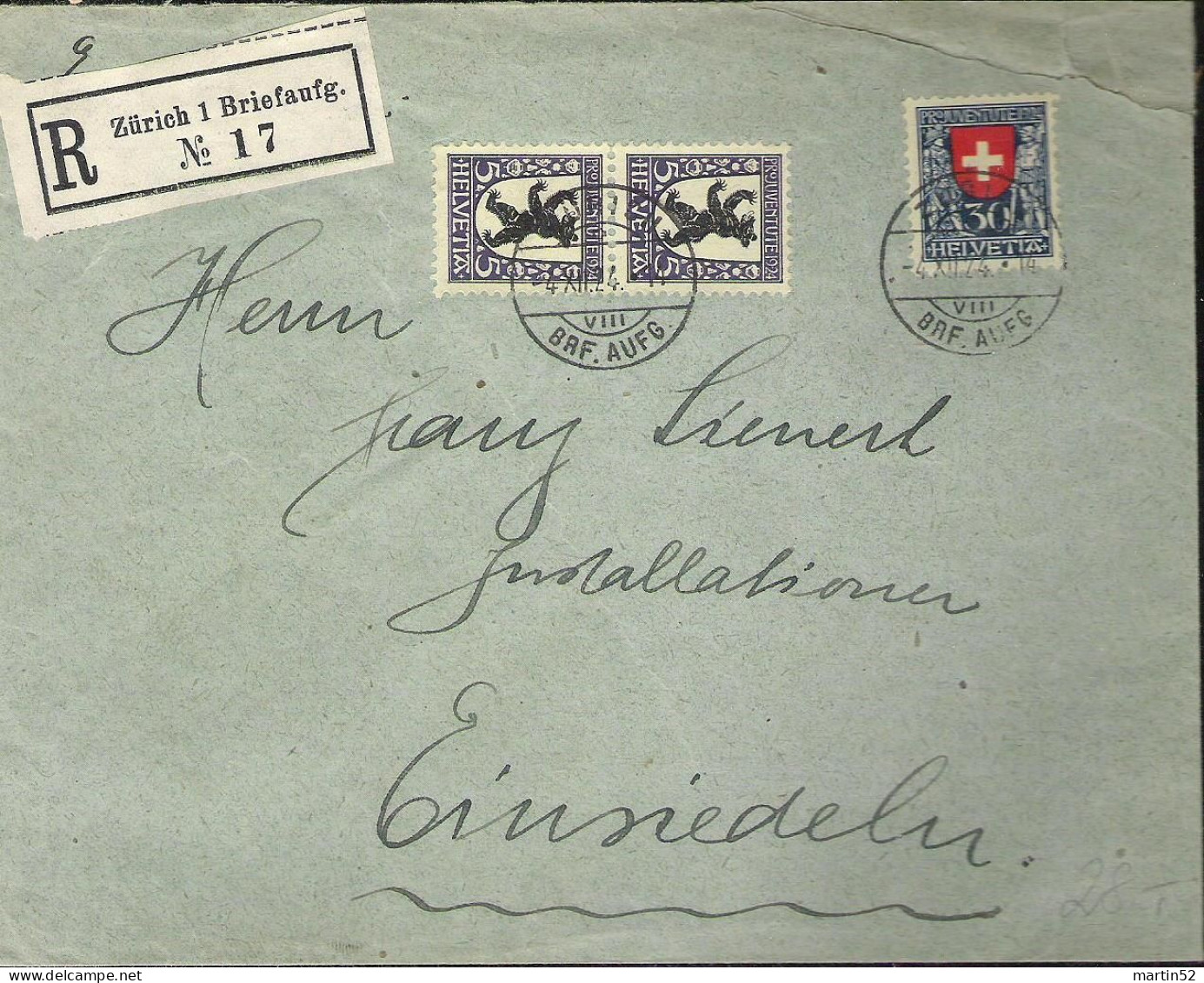 Schweiz Suisse Pro Juventute 1924: R-Brief Zu WI 29+32 Mi 209+212 Yv 214+217 Mit ⊙ ZÜRICH 4.XII.24 (Zu CHF 36.00) - Lettres & Documents