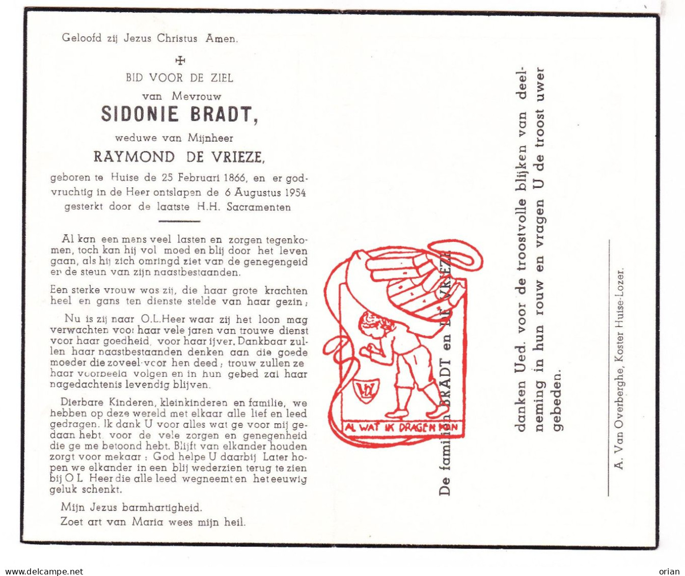 DP Sidonie Bradt ° Huise Zingem 1866 † 1954 X Raymond De Vrieze - Devotieprenten