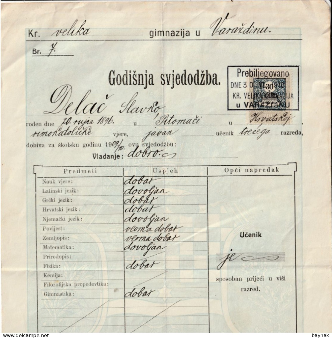 CROATIA  --  VARAZDIN   --  KR. VELIKA GIMNAZIJA  --  SVJEDODZBA --   TAX STAMP --  BILJEG  -  3 FILLER  --   1910 - Historische Documenten