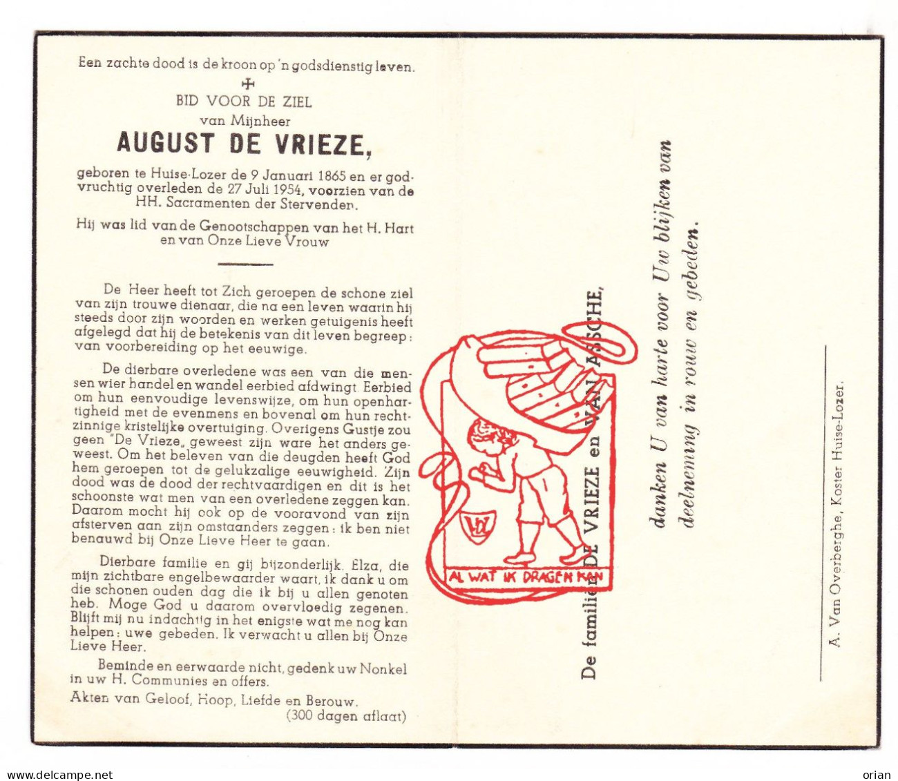 DP August De Vrieze / Van Assche ° Huise Lozer / Zingem 1865 † 1954 - Images Religieuses