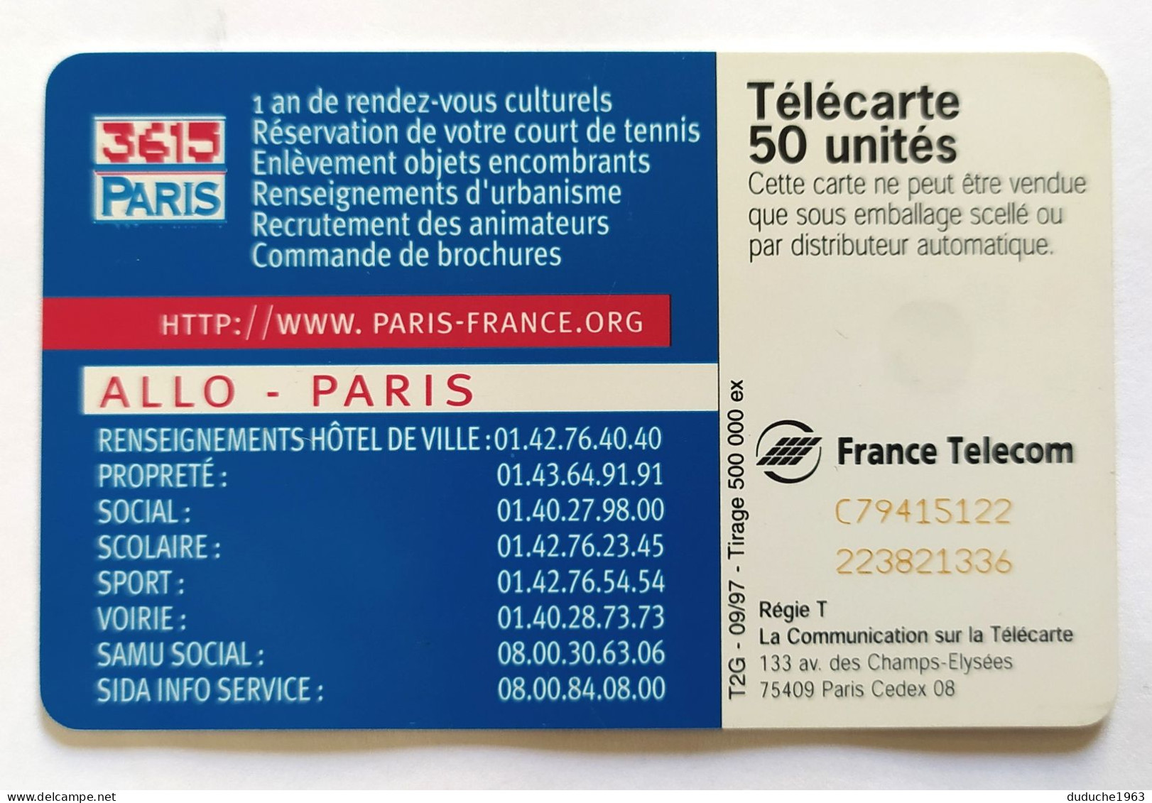 Télécarte France - Mairie De Paris - Zonder Classificatie