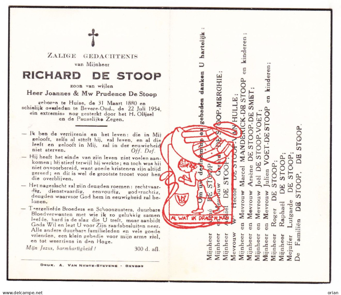 DP Richard De Stoop / De Stoop ° Huise Zingem 1880 † Bevere Oudenaarde 1954 Merchie Van Hulle Manderick Voet De Smet - Devotieprenten