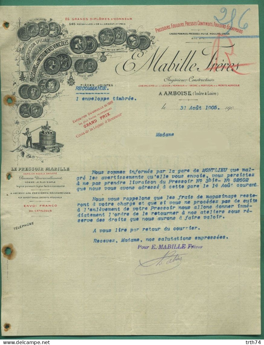 37 Amboise Le Pressoir Mabille Instruments Vinicoles Presses à Huile, Pommes Etc 31 Août 1905 - Alimentare