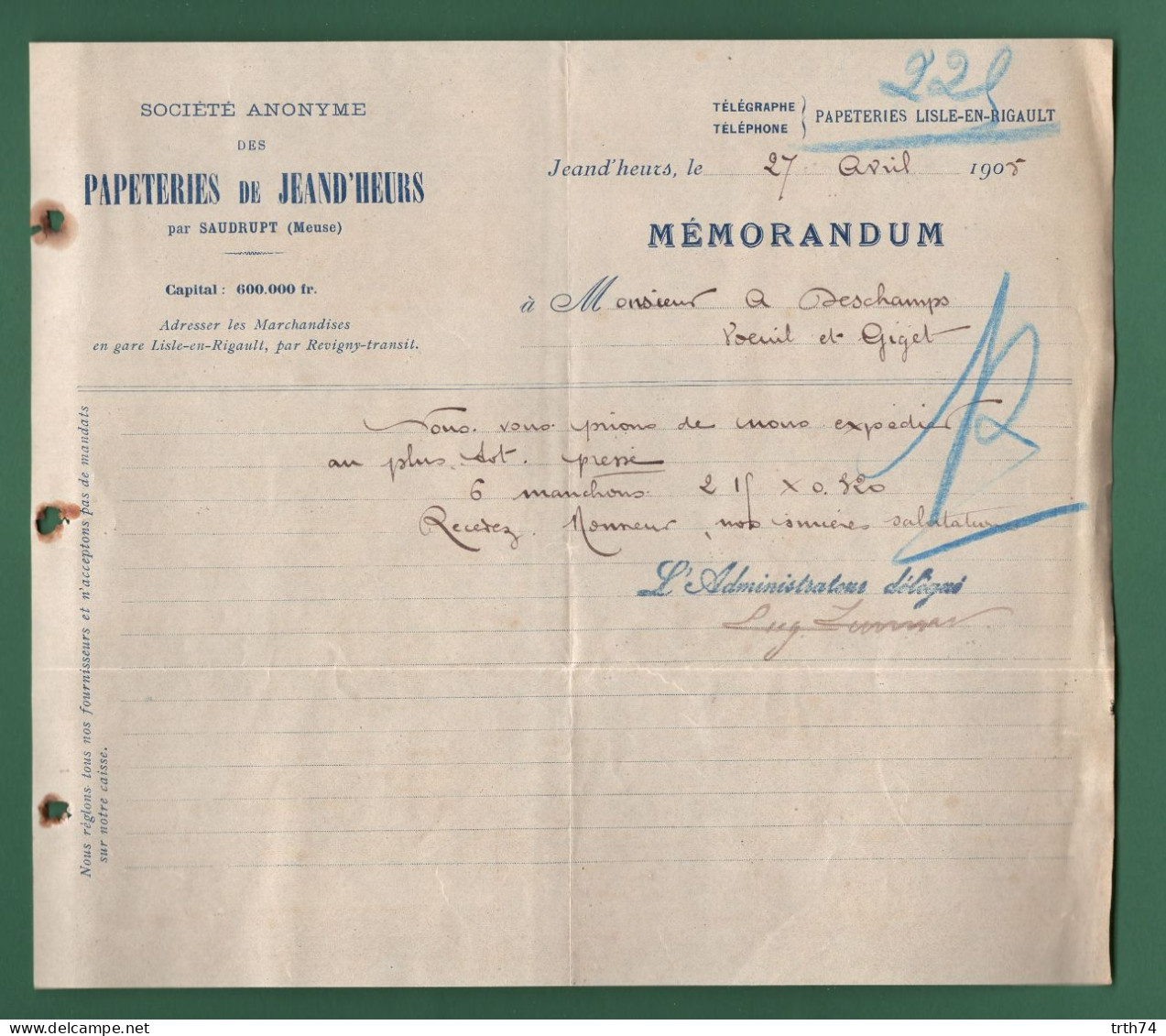 55 Jeand'Heurs Par Saudrupt ( Meuse ) Papeteries Lisle En Rigault Par Revigny 27 Avril 1905 - Printing & Stationeries