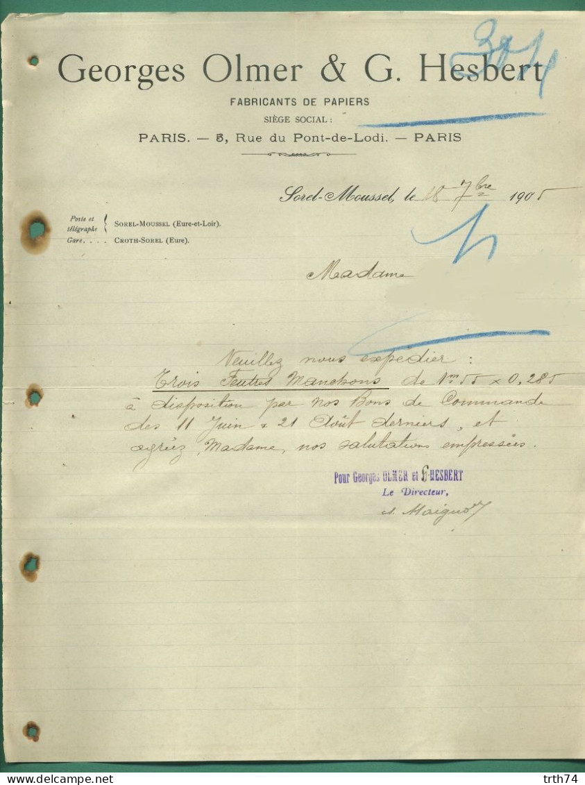 28 Sorel Moussel 28 Croth Sorel ( Prés De Dreux ) 75 Paris Olmer Georges Et Hesbert Fabricants De Papiers 1905 - Printing & Stationeries