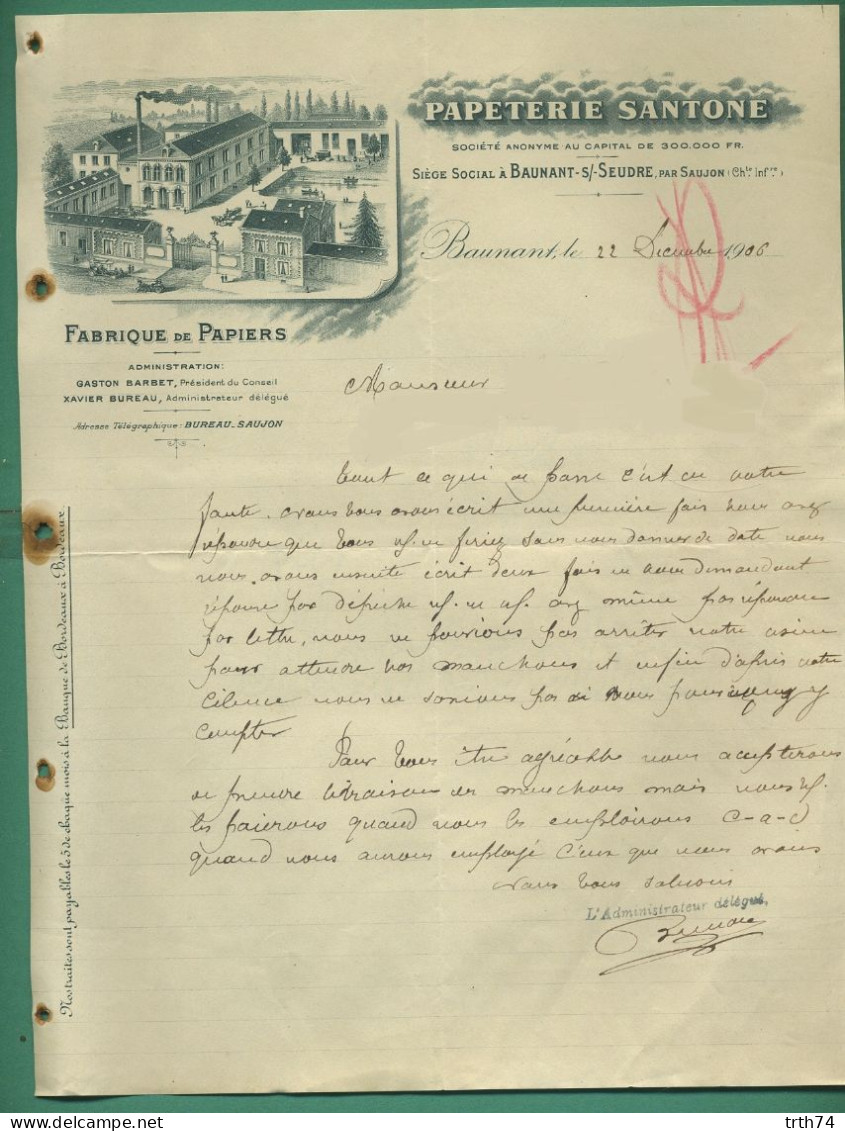 17 Baunant Sur Seudre Par Saujon Bureau Fabrique De Papiers Papeterie Santone 22 12 1906 - Imprimerie & Papeterie