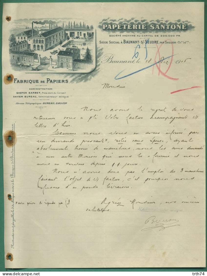 17 Baunant Sur Seudre Par Saujon Bureau Fabrique De Papiers Papeterie Santone 18 12 1906 - Drukkerij & Papieren