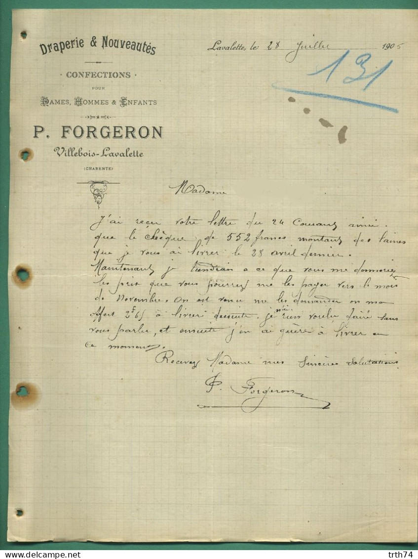 16 Villebois-Lavalette Charente Forgeron Draperie Rouennerie Confection Dames Hommes Enfants 28 Juillet 1905 - Kleidung & Textil
