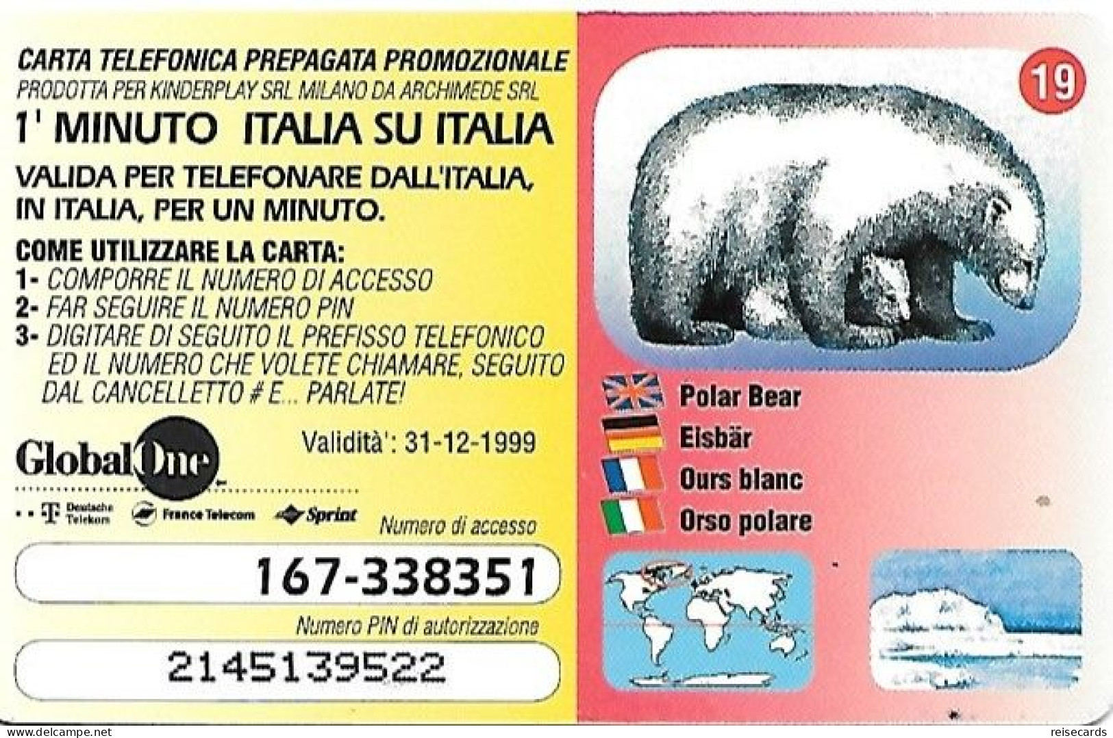 Italy: Prepaid GlobalOne - Save The Planet 19, Eisbär - Cartes GSM Prépayées & Recharges