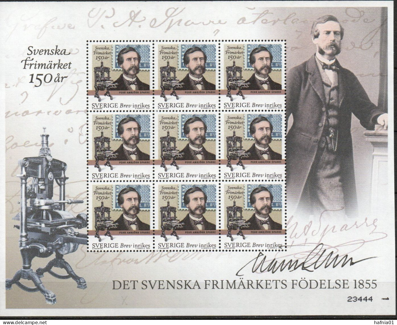 Martin >Mörck. Sweden 2005. 150 Anniv Swedish Stamps. Souvenir Sheet. Michel 2478. Cyl I + Control Number. MNH.Signed. - Blocks & Sheetlets