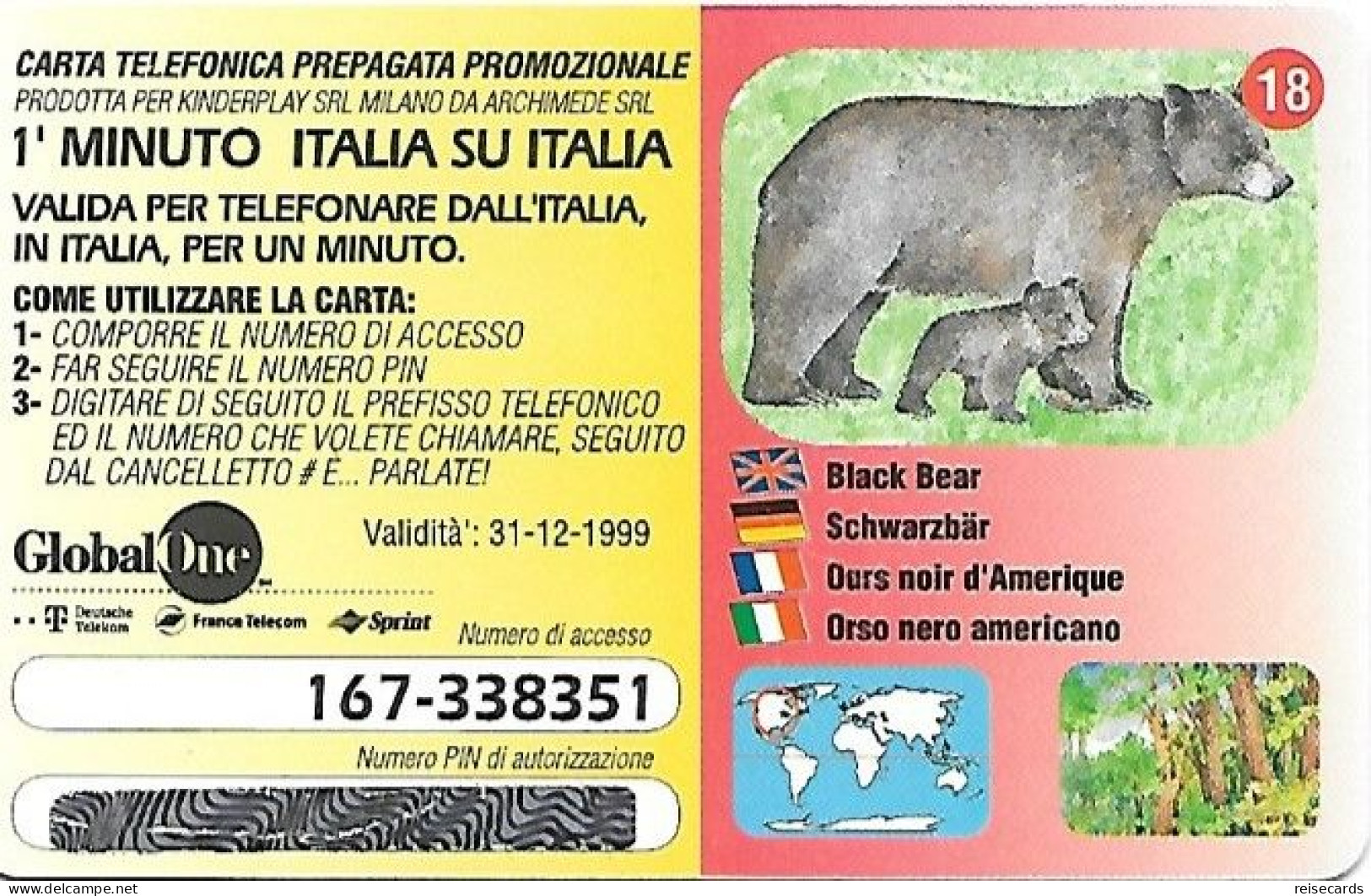 Italy: Prepaid GlobalOne - Save The Planet 18, Schwarzbär - Cartes GSM Prépayées & Recharges