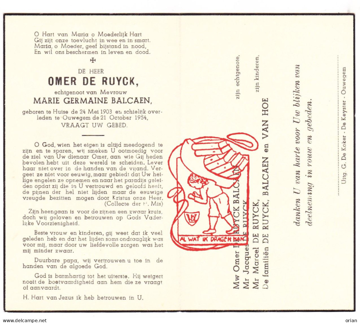 DP Omer De Ruyck ° Huise Zingem 1903 † Ouwegem 1954 X Marie Germaine Balcaen // Van Hoe - Images Religieuses