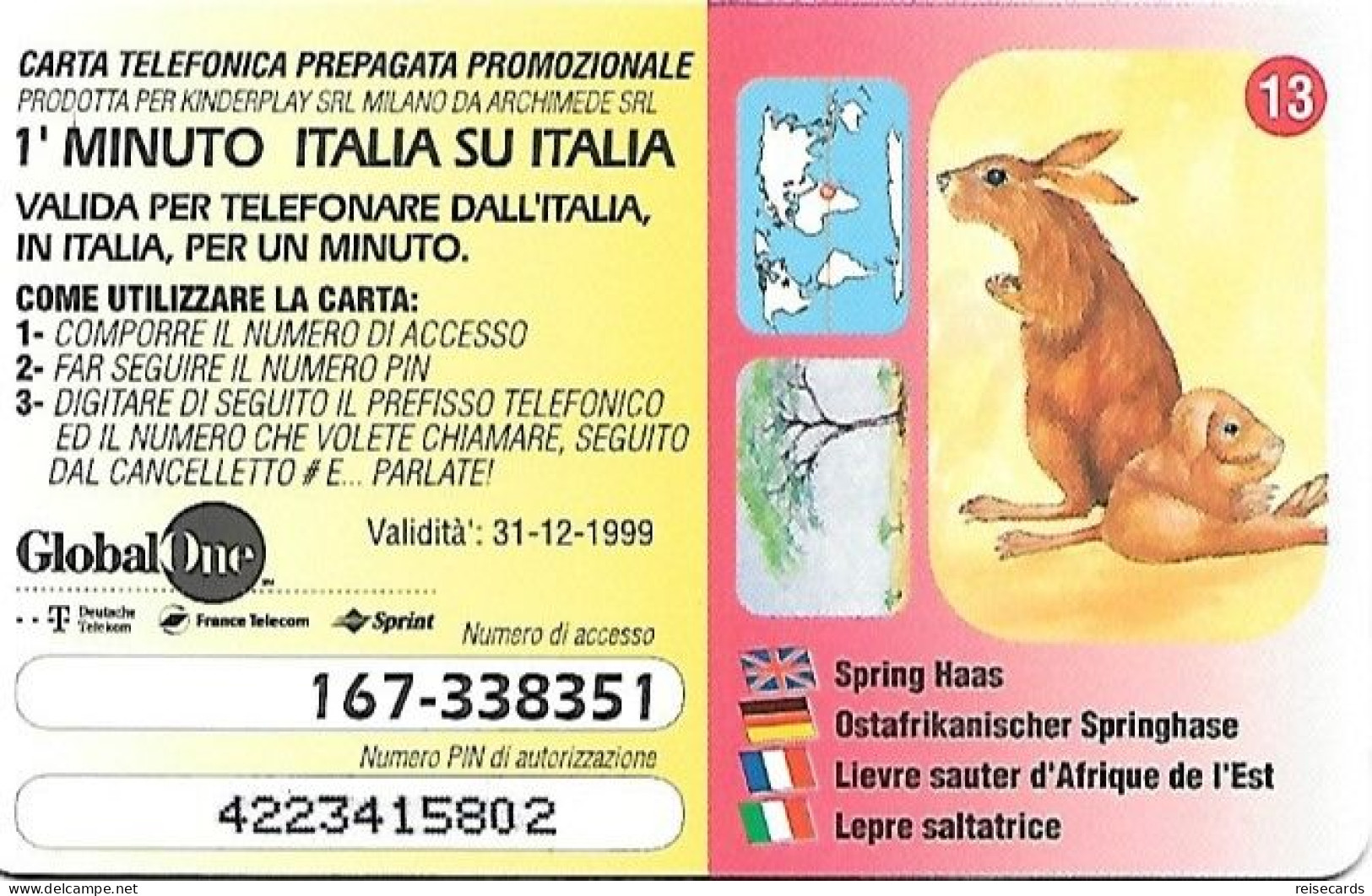 Italy: Prepaid GlobalOne - Save The Planet 13, Ostafrikanischer Springhase - GSM-Kaarten, Aanvulling & Voorafbetaald