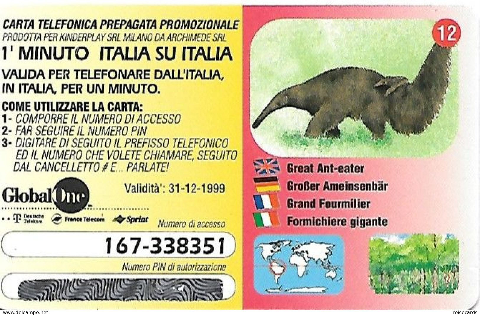 Italy: Prepaid GlobalOne - Save The Planet 12, Grosser Ameisenbär - [2] Sim Cards, Prepaid & Refills