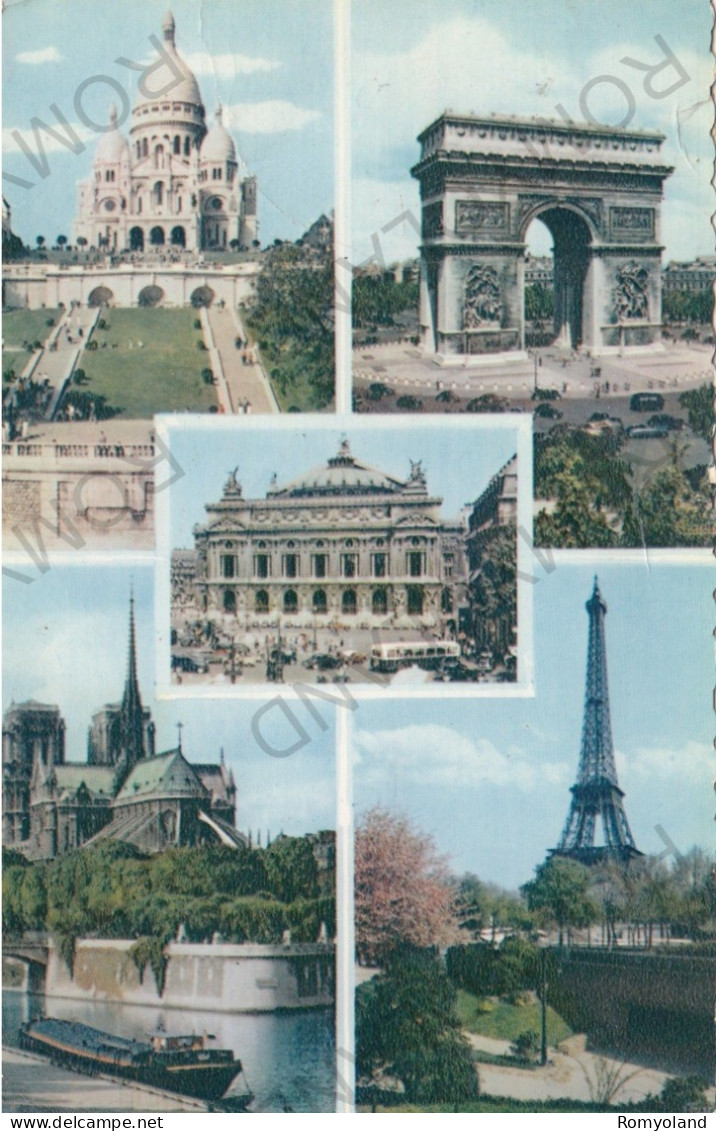 CARTOLINA  C9 PARIS,FRANCIA-SACRE-COEUR-ARC DE TRIOMPHE-OPERA-NOTRE-DAME-TOUR EIFFEL-VIAGGIATA 1960 - Arc De Triomphe