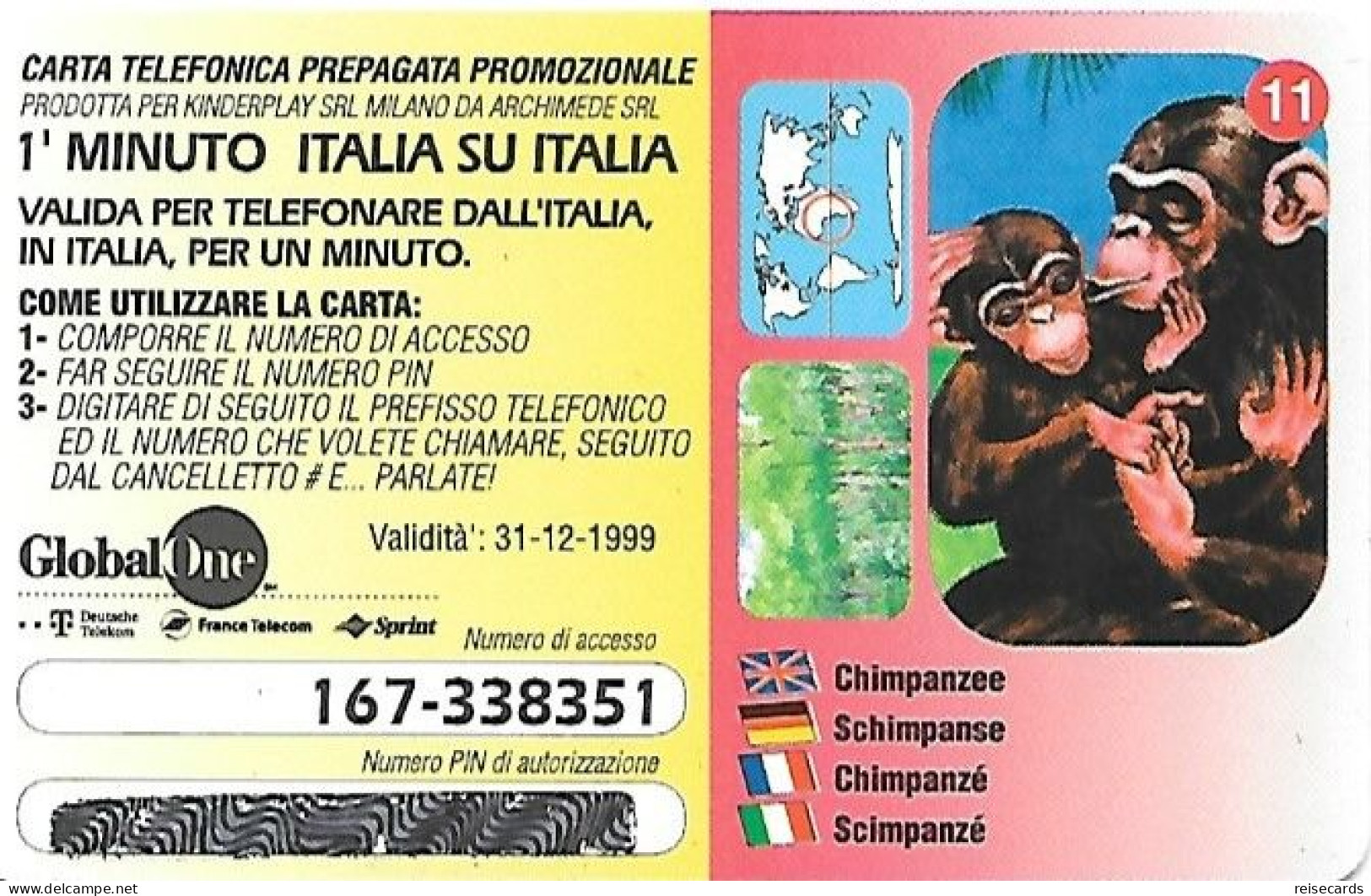 Italy: Prepaid GlobalOne - Save The Planet 11, Schimpanse - GSM-Kaarten, Aanvulling & Voorafbetaald