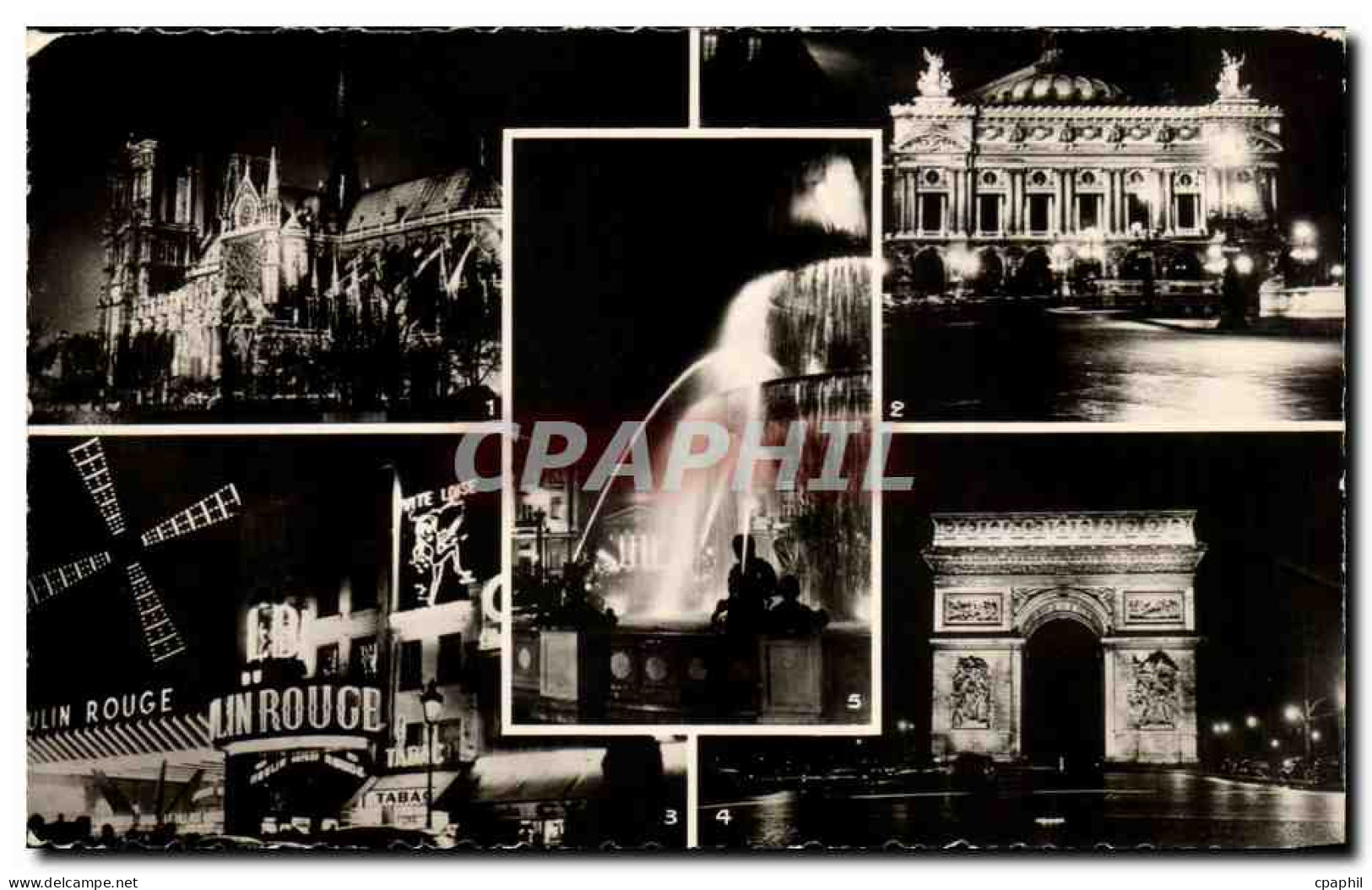 CPSM Paris La Nuit Notre Dame L&#39Opera Le Moulin Rouge L&#39Arc Triomphe - Viste Panoramiche, Panorama