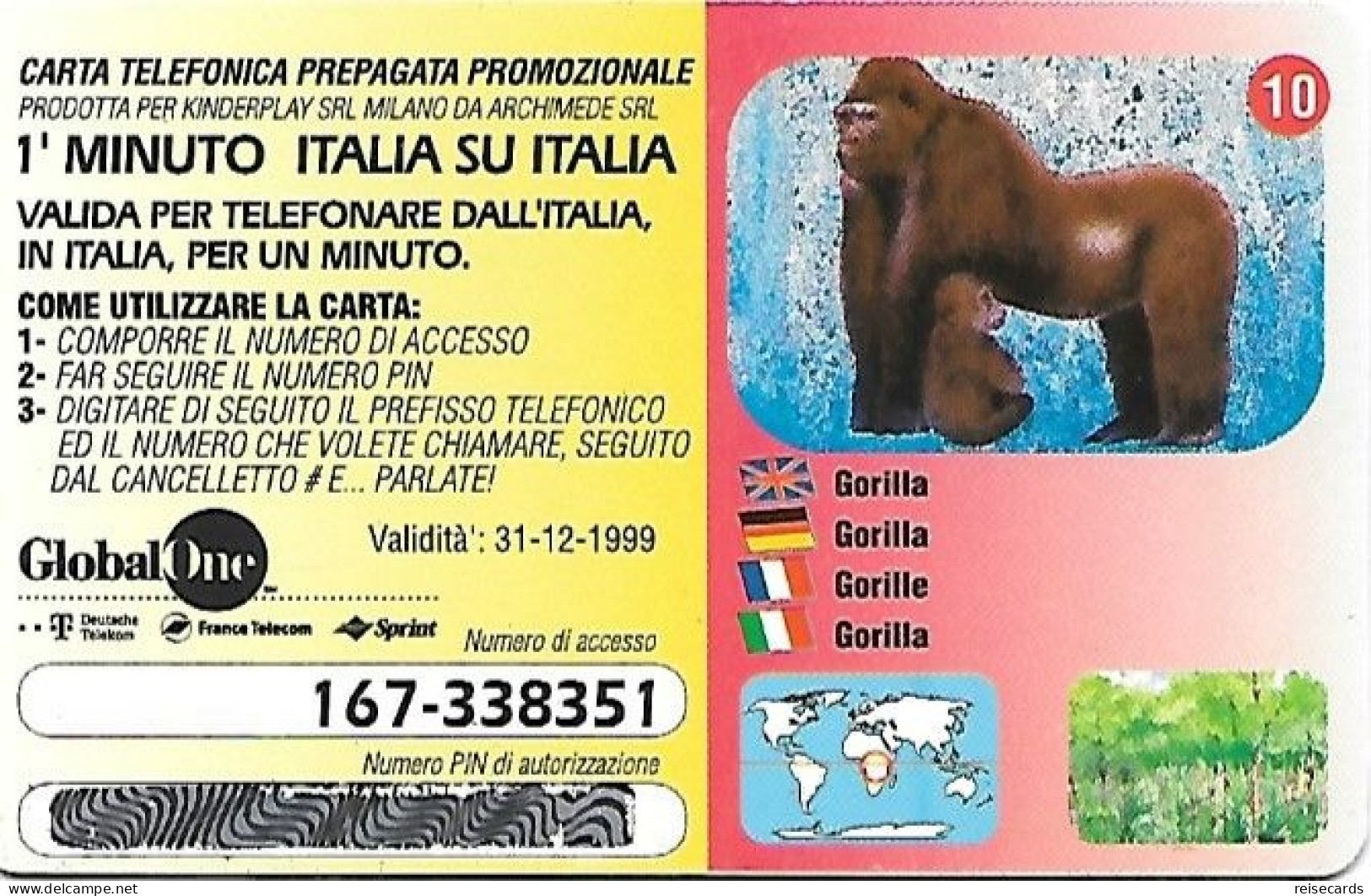 Italy: Prepaid GlobalOne - Save The Planet 10, Gorilla - [2] Handy-, Prepaid- Und Aufladkarten