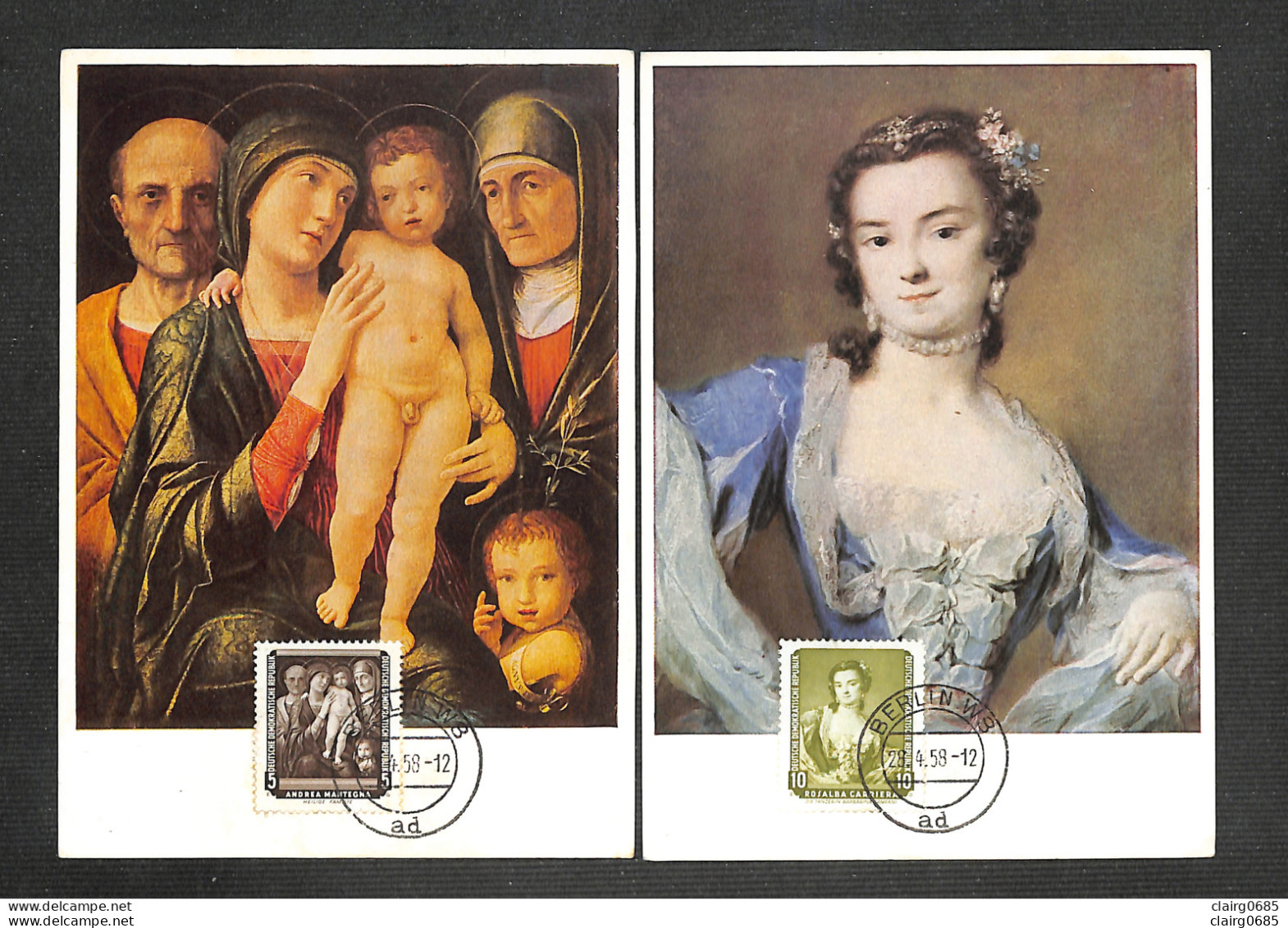 ALLEMAGNE - DDR - 2 Cartes Maximum 1958 - BERLIN W8 - Andrea Mantegna - Rosalba Carriera - Maximumkarten (MC)