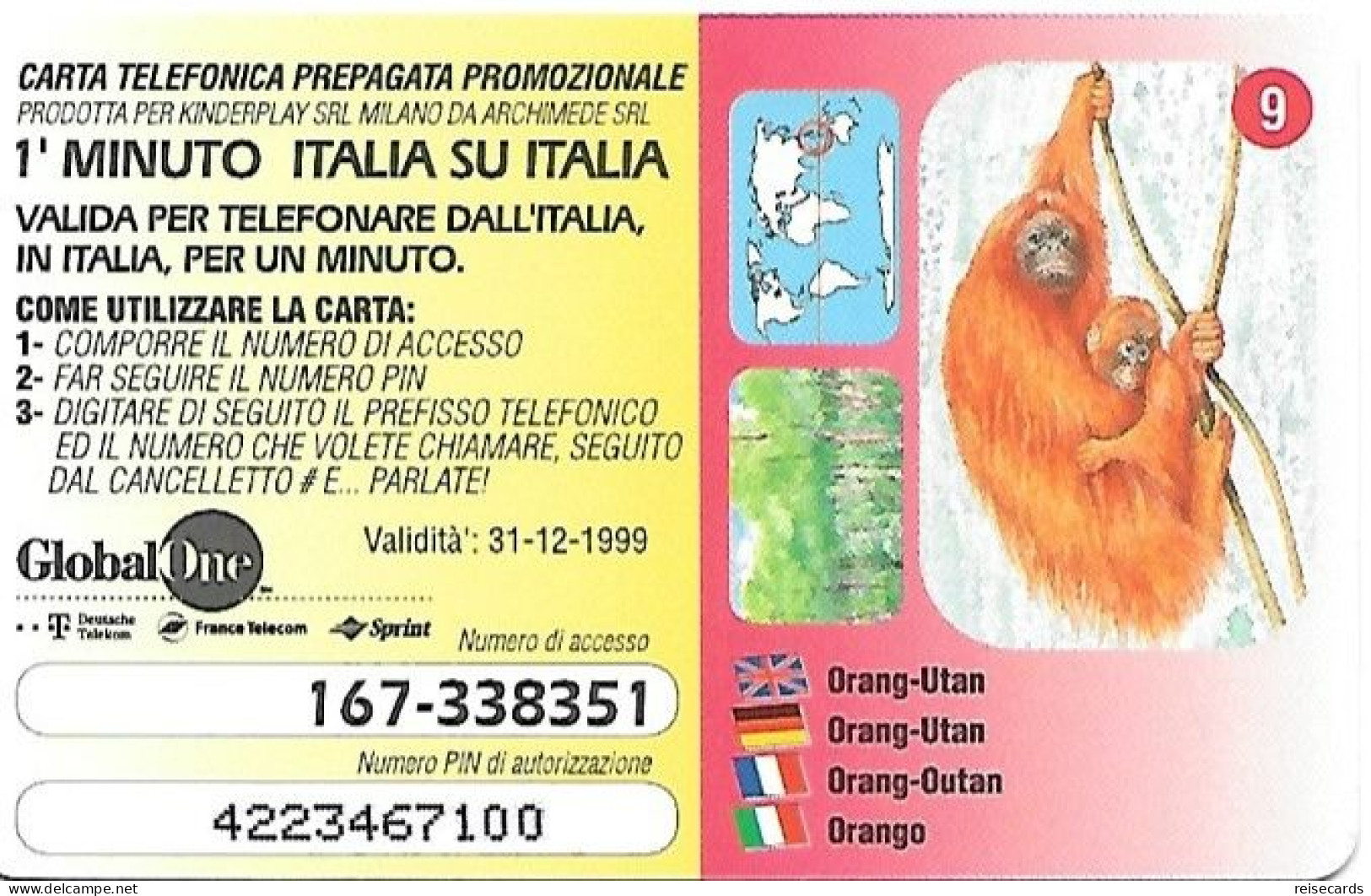 Italy: Prepaid GlobalOne - Save The Planet 9, Orang-Utan - GSM-Kaarten, Aanvulling & Voorafbetaald