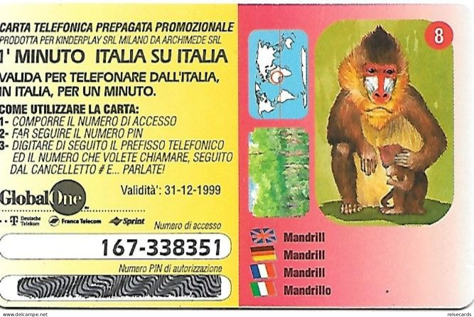 Italy: Prepaid GlobalOne - Save The Planet 8, Mandrill - Cartes GSM Prépayées & Recharges
