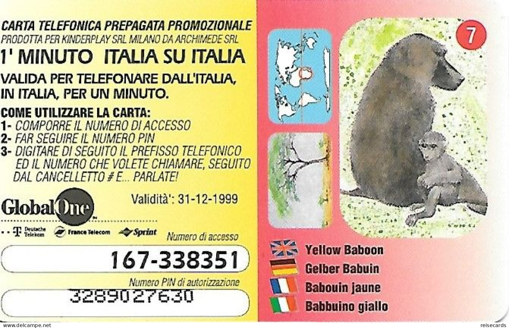 Italy: Prepaid GlobalOne - Save The Planet 7, Gelber Babuin - [2] Handy-, Prepaid- Und Aufladkarten