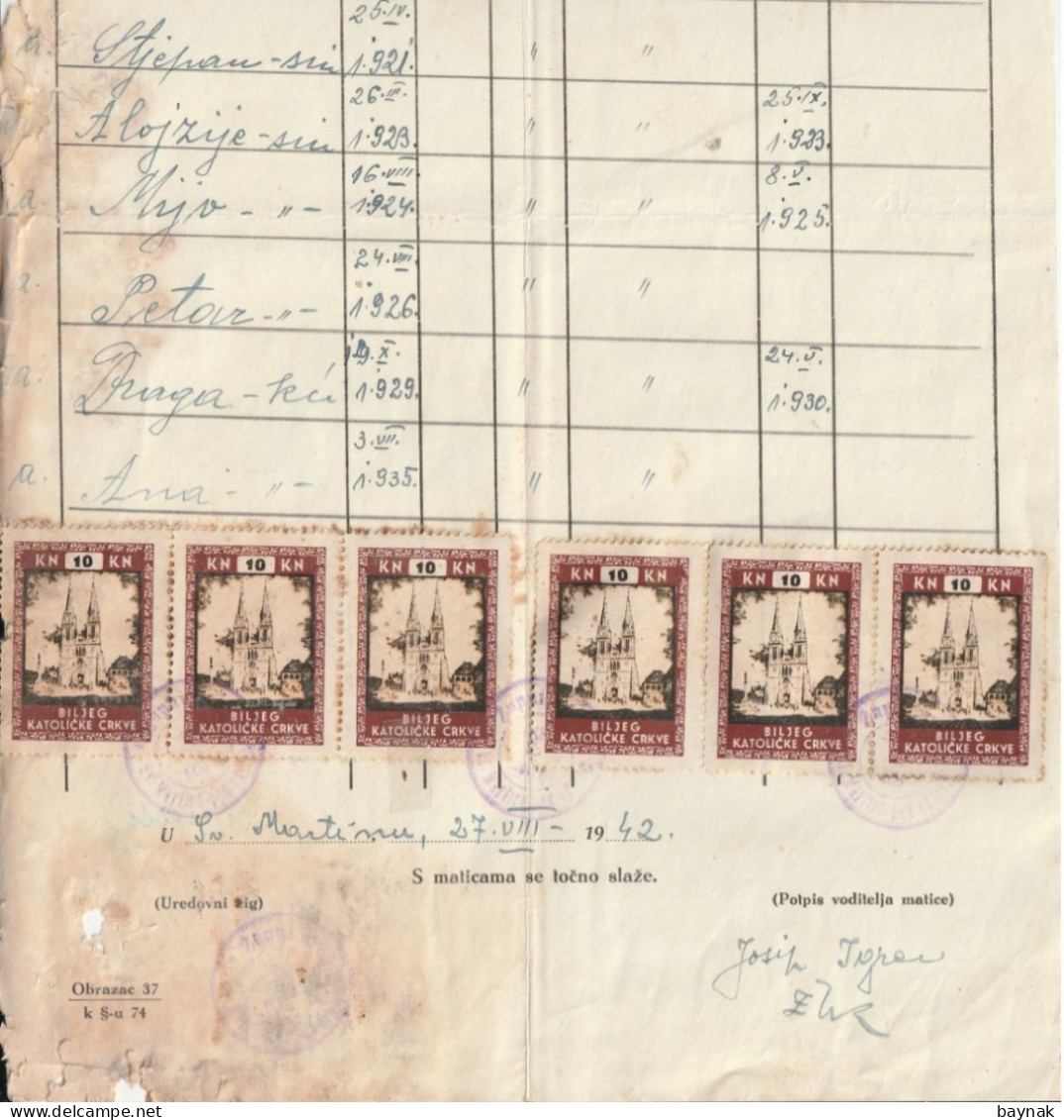 CROATIA  --  NDH  - NEZAVISNA DRZAVA HRV - TAX STAMP  -  SV. MARTIN POD OKICEM  --  6 X  BILJEG KATOLICKE CRKVE  - 10 KN - Documenti Storici