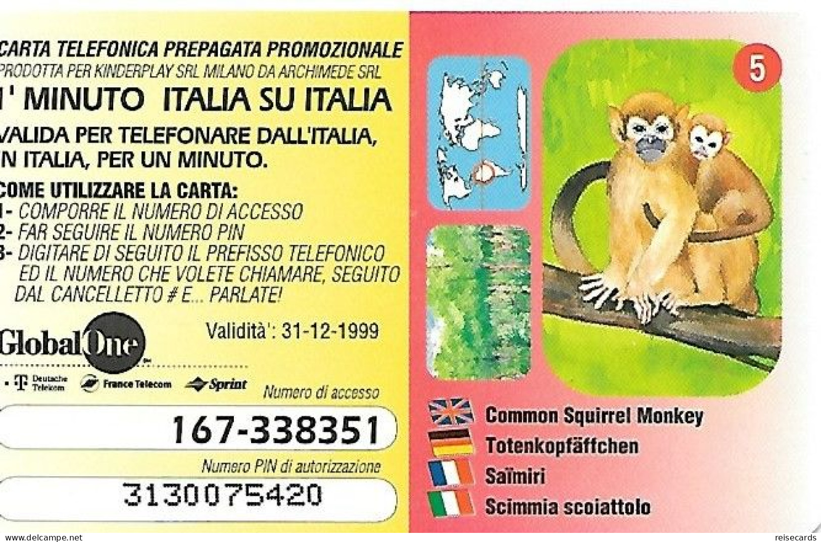 Italy: Prepaid GlobalOne - Save The Planet 5, Totenkopfäffchen - Cartes GSM Prépayées & Recharges