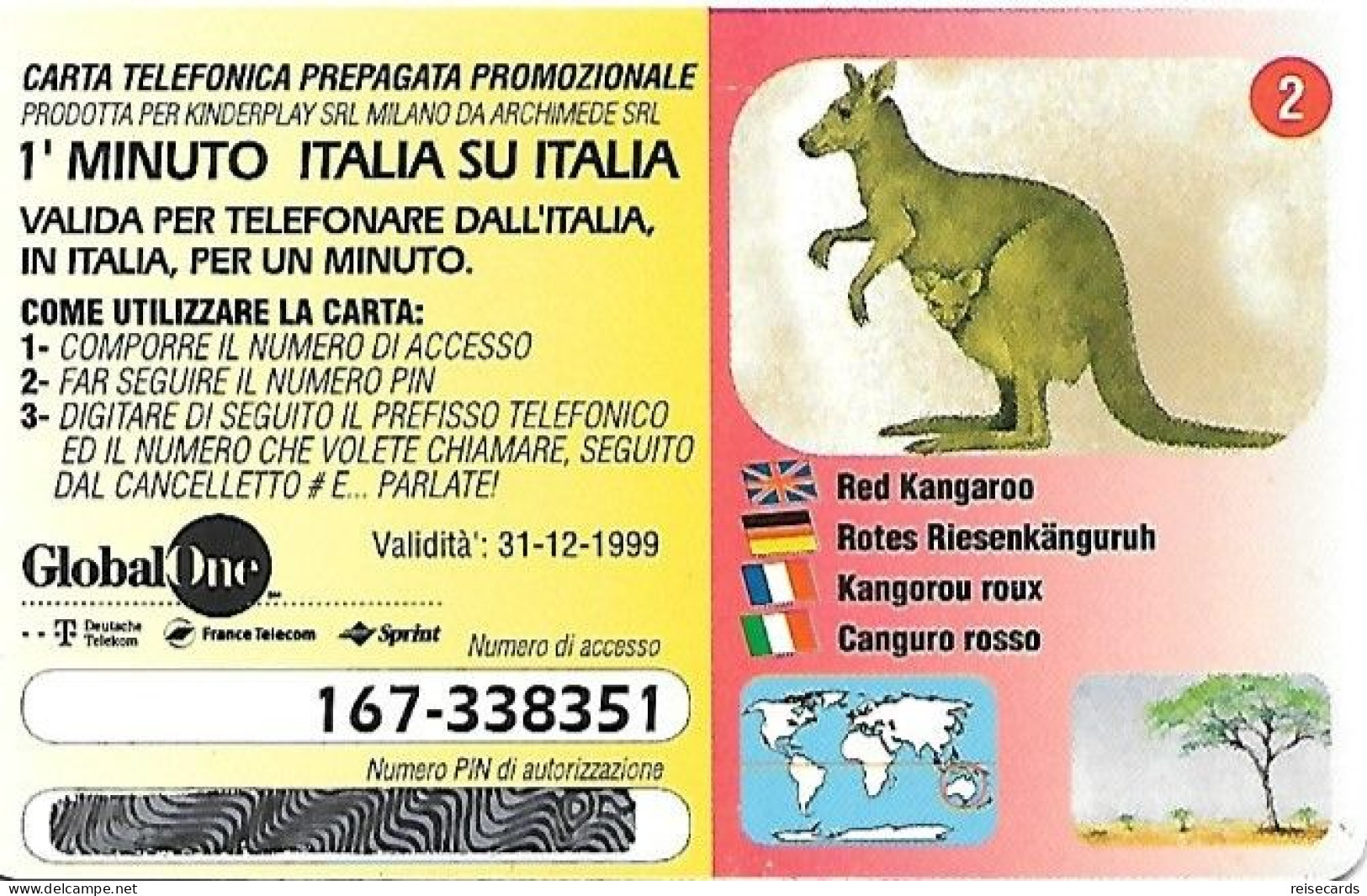 Italy: Prepaid GlobalOne - Save The Planet 2, Rotes Riesenkänguruh - [2] Handy-, Prepaid- Und Aufladkarten