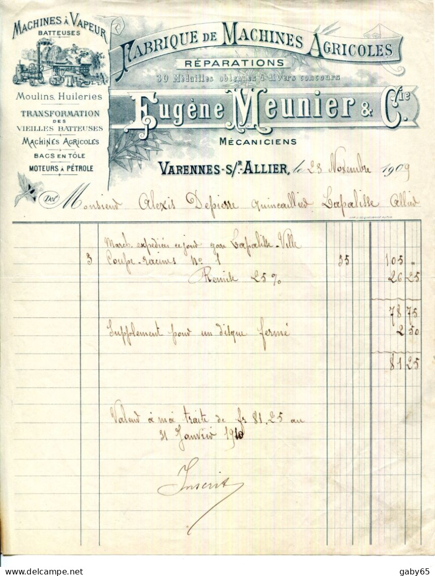 FACTURE.03.VARENNES SUR ALLIER.FABRIQUE DE MACHINES AGRICOLES & A VAPEUR..RÉPARATIONS.EUGÈNE MEUNIER & Cie.MÉCANICIENS. - Agriculture