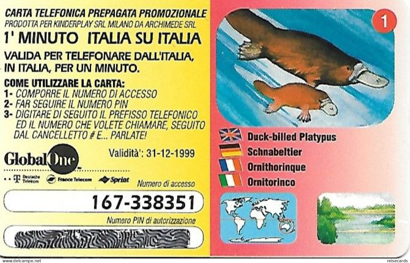 Italy: Prepaid GlobalOne - Save The Planet 1, Schnabeltier - [2] Handy-, Prepaid- Und Aufladkarten