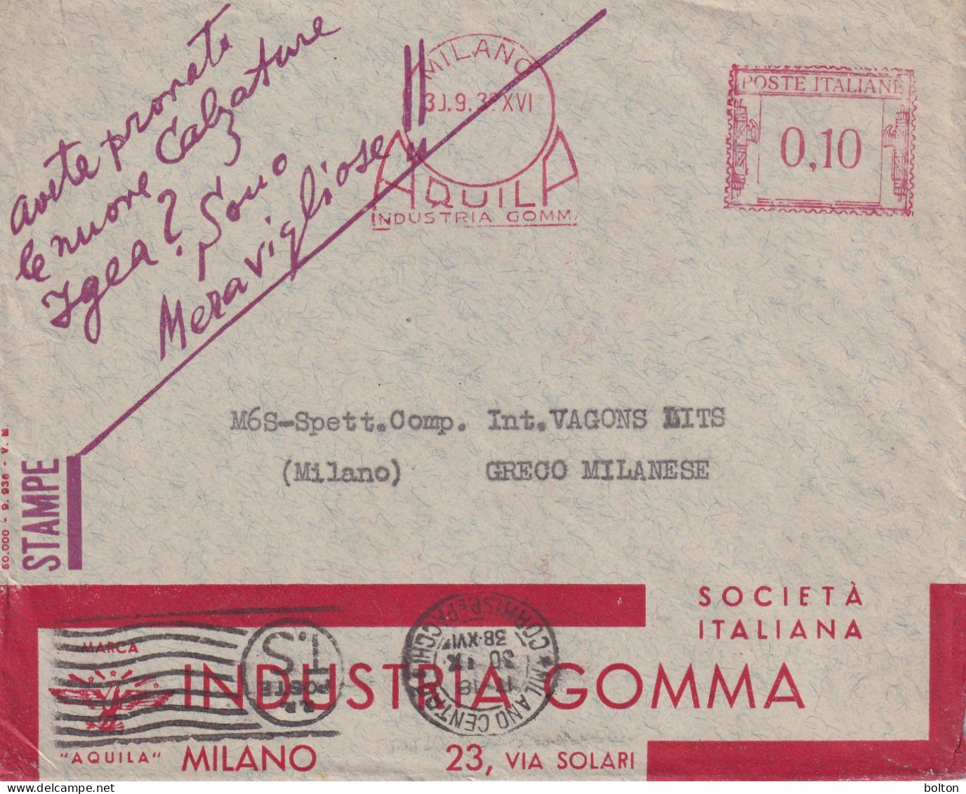 1938  Affrancatura Meccanica Rossa EMA  AQUILA Industria Gomma Annullo Meccanico TS TASSA SPECIALE - Storia Postale