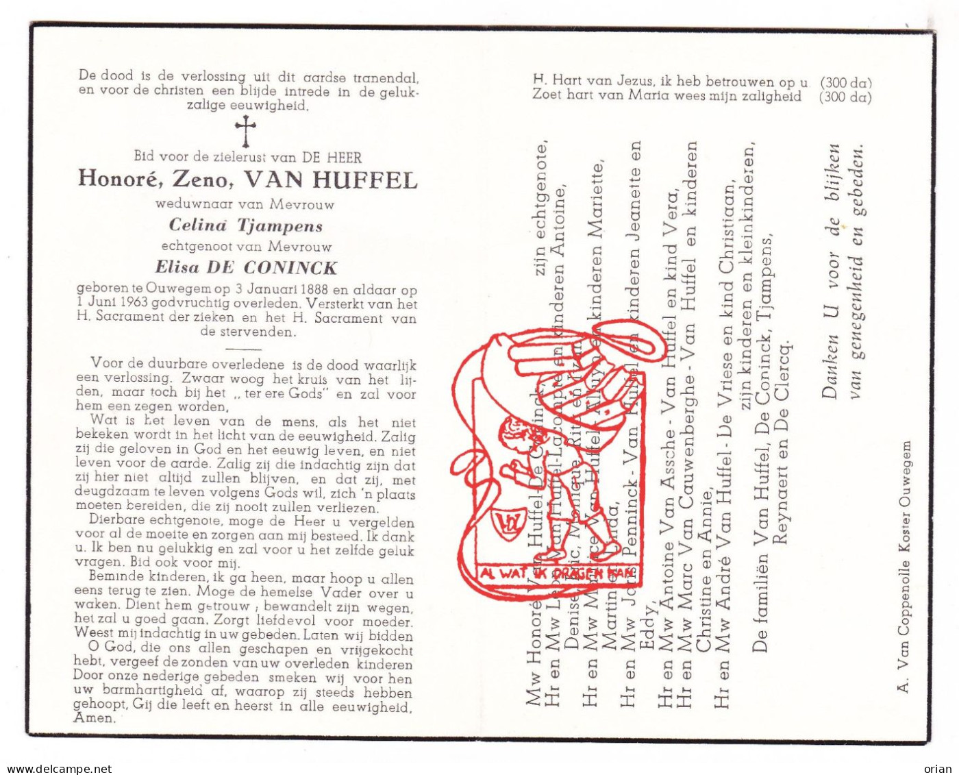 DP Honoré Zeno Van Huffel ° Ouwegem Zingem 1888 † 1963 Tjampens De Coninck Lacompte Alluyn Penninck De Vriese Reynaert - Devotion Images