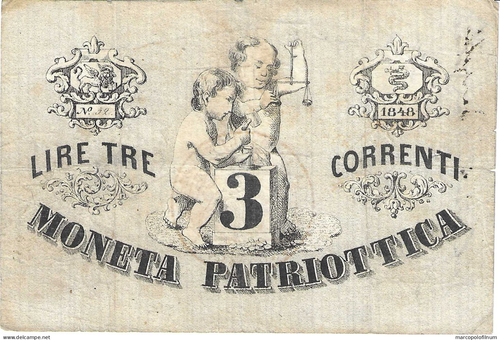 VENEZIA - GOVERNO PROVVISORIO - 1848 - 3 LIRE CORRENTI - CIRCOLATA - - Other & Unclassified