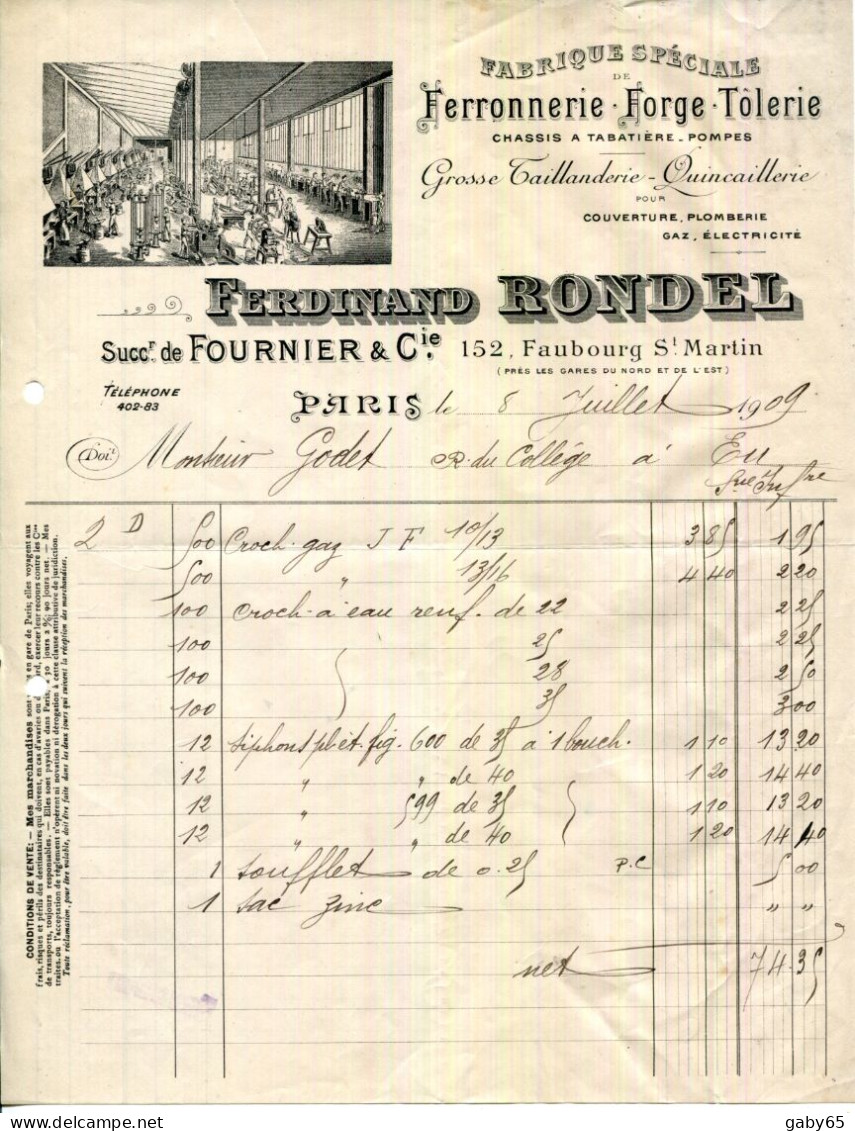 FACTURE.PARIS.FABRIQUE DE FERRONNERIE.FORGE.TÔLERIE.GROSSE TAILLANDERIE.FERDINAND RONDEL 152 FAUBOURG SAINT MARTIN. - Altri & Non Classificati