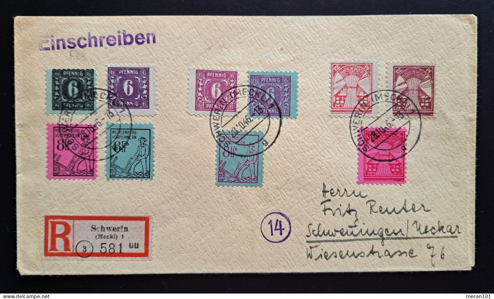 Mecklenburg-Vorpommern 1946, Reko-Brief Schwerin Nach Schwenningen Buntfrankatur - Storia Postale