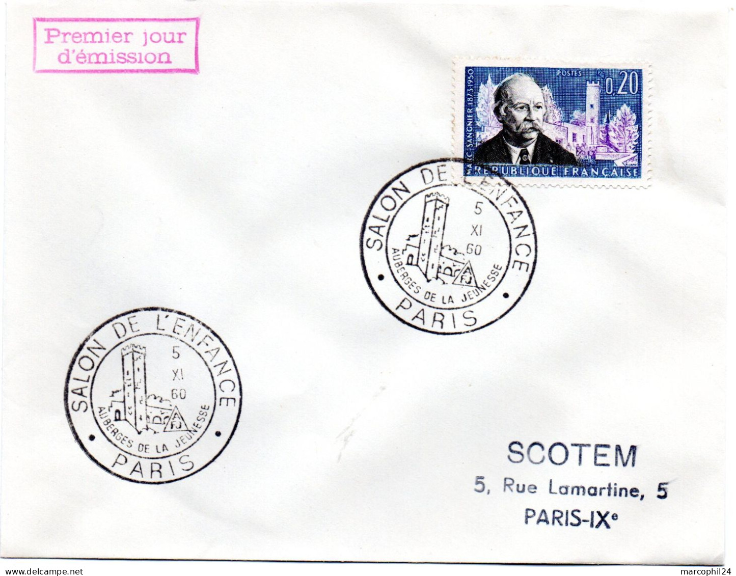 ARCHITECTURE / Marc SANGNIER = 75 PARIS 1960 = CACHET PREMIER JOUR SALON ENFANCE + N° 1271 Première Auberge De Jeunesse - Andere & Zonder Classificatie